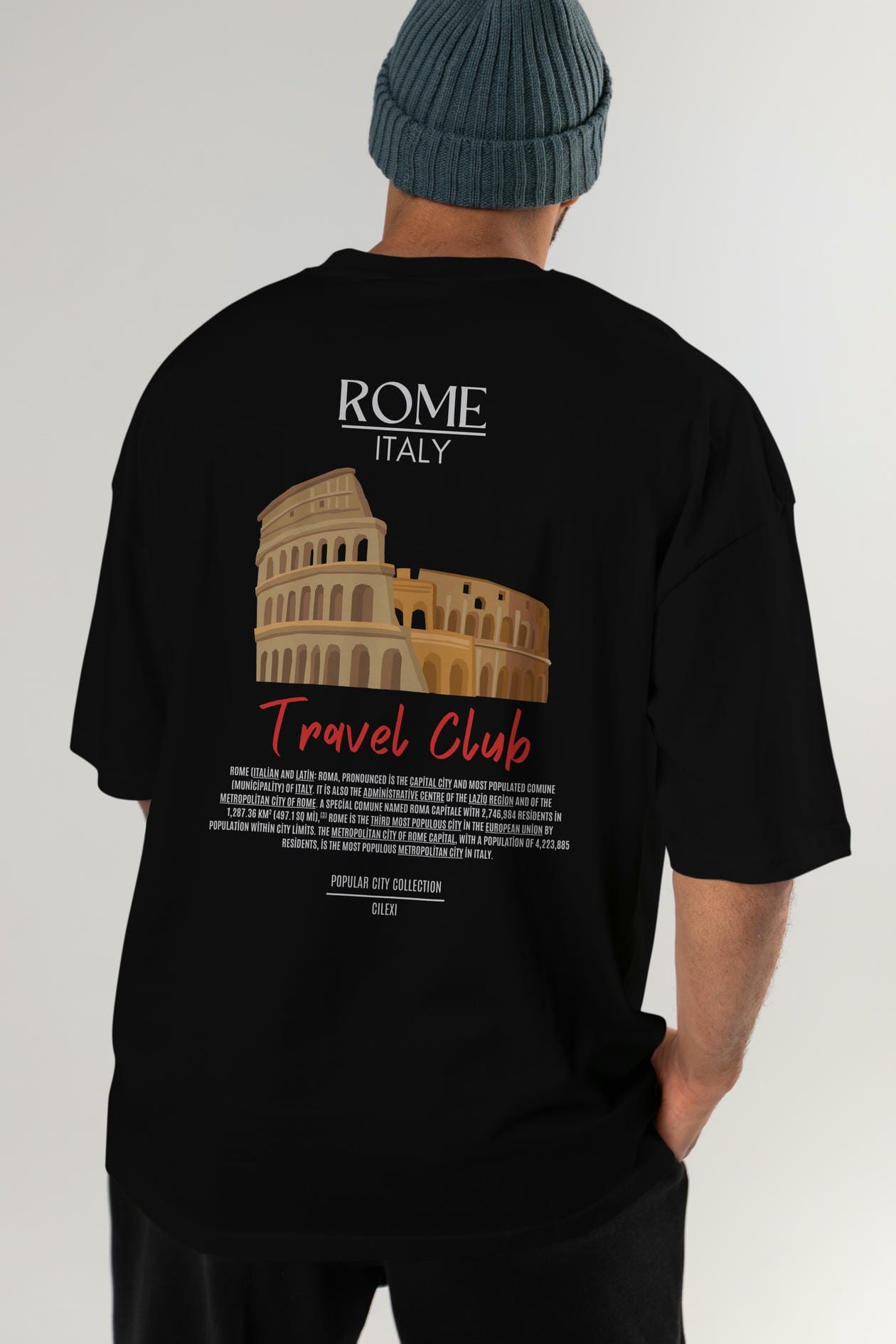Roma İtaly Arka Baskılı Oversize t-shirt Erkek Kadın Pamuk Bisiklet Yaka tişort