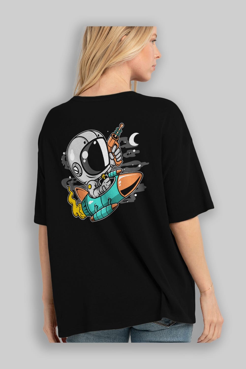 Astronaut Riding Rocket Arka Baskılı Oversize t-shirt Erkek Kadın Unisex