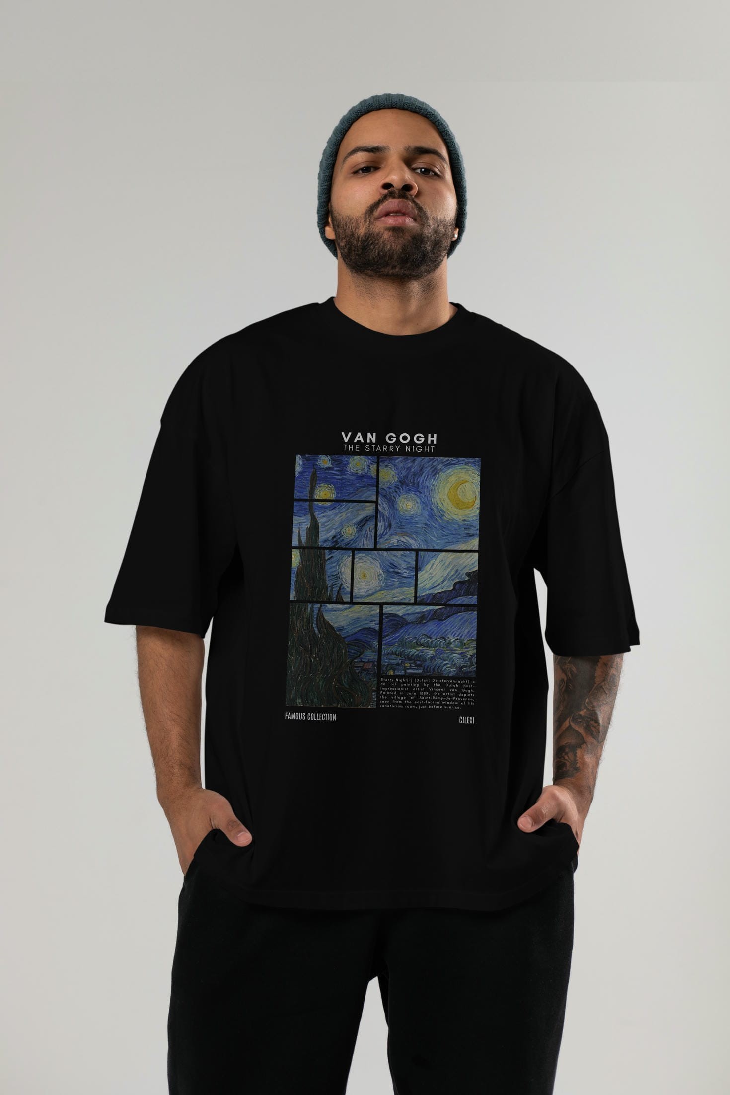 Van Gogh The Starry Night ön Baskılı Oversize t-shirt Erkek Kadın Bisiklet Yaka Pamuk tişort