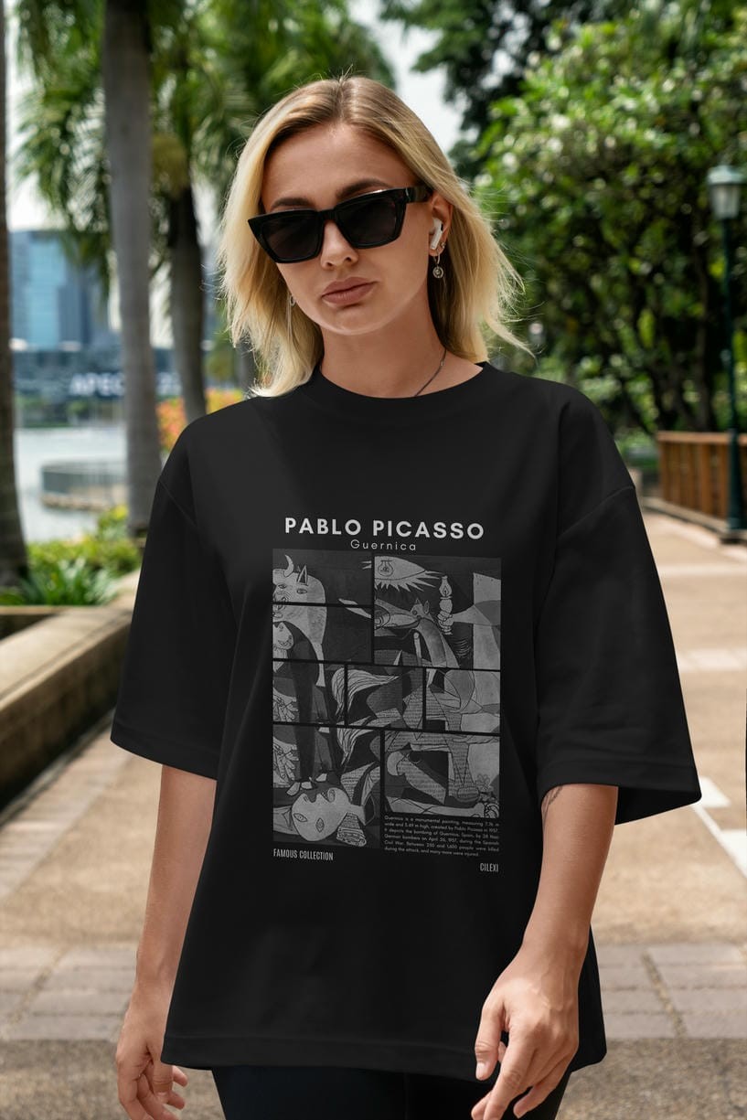 Pablo Picasso Guernica ön Baskılı Oversize t-shirt Erkek Kadın Bisiklet Yaka Pamuk tişort