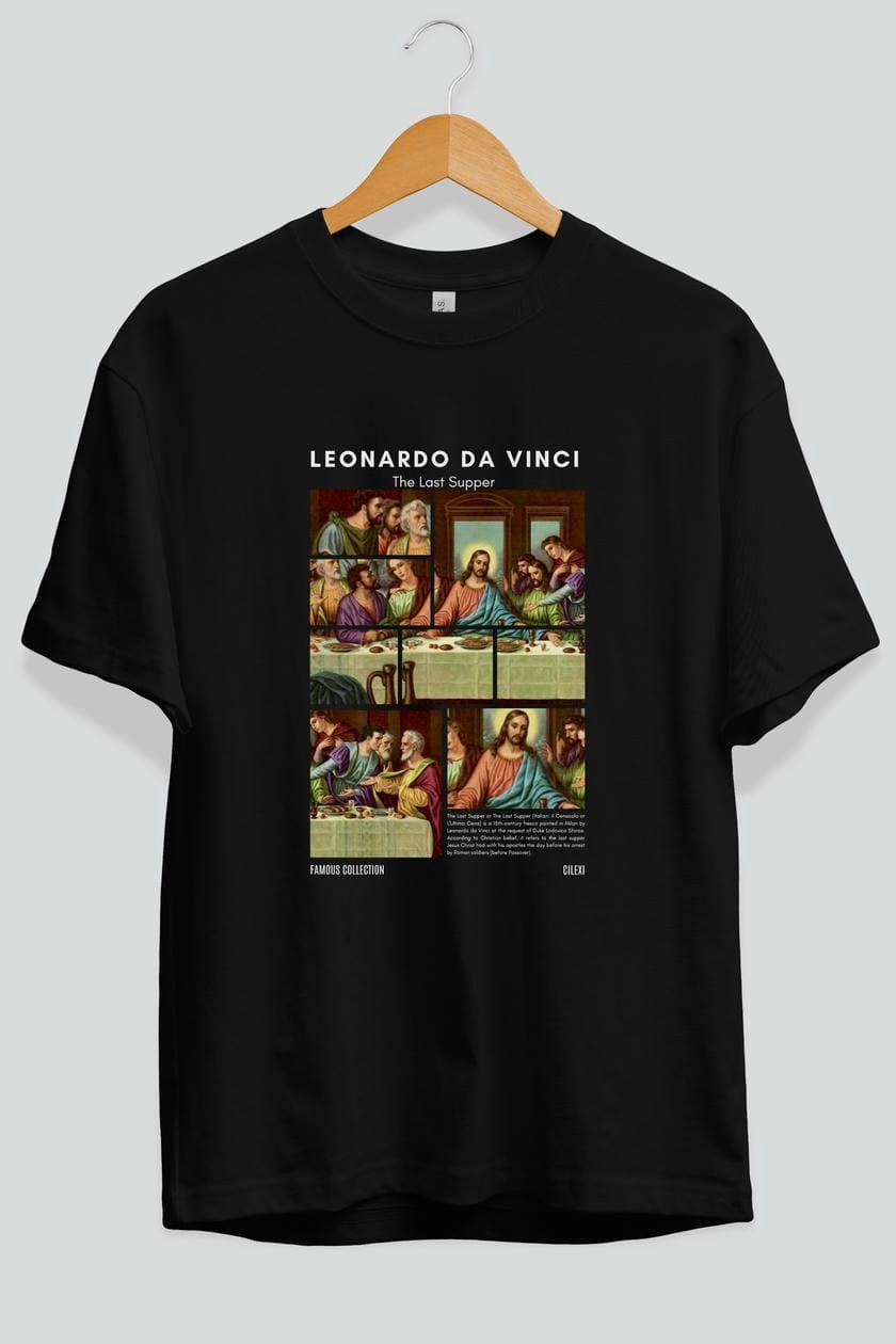 Leonardo Da Vinci ön Baskılı Oversize t-shirt Erkek Kadın Bisiklet Yaka Pamuk tişort