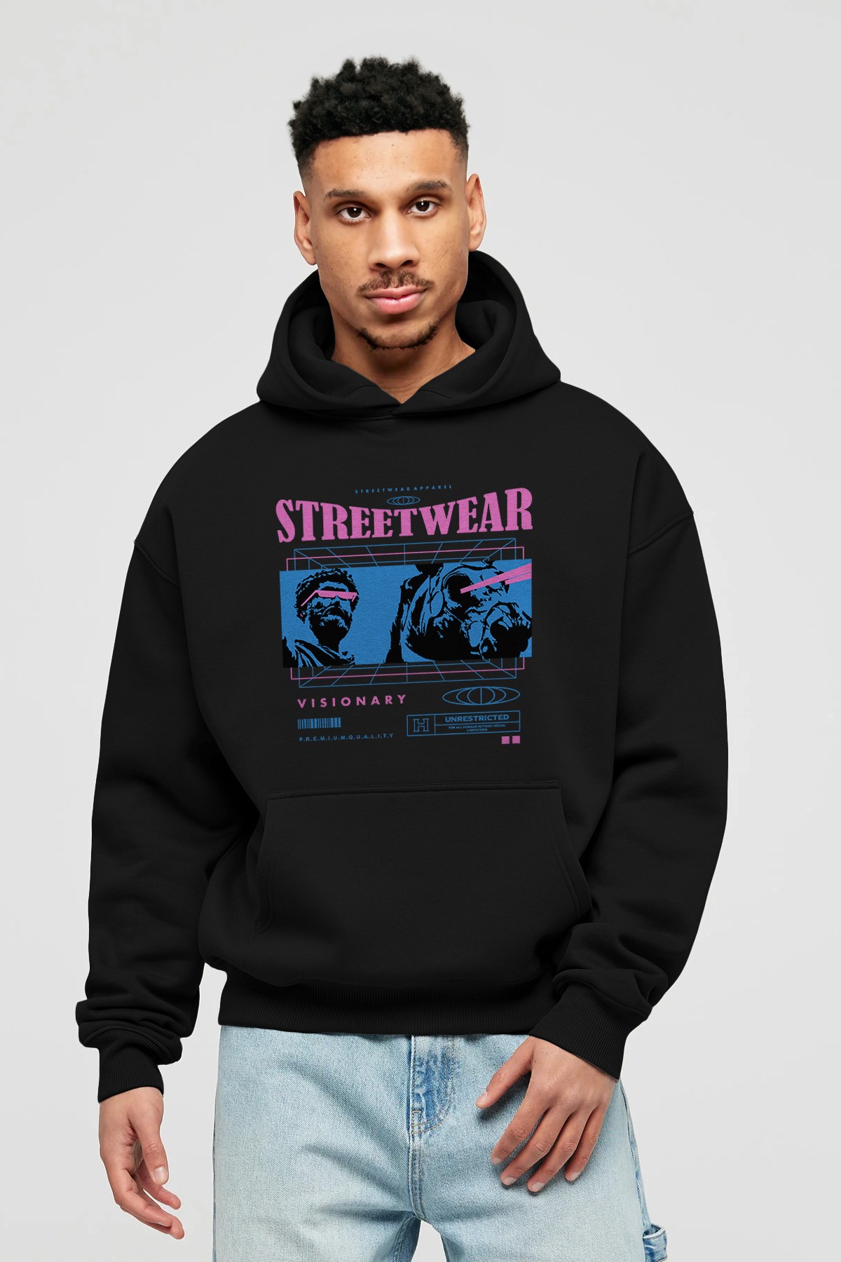 Streetwear Visionary Ön Baskılı Hoodie Oversize Kapüşonlu Sweatshirt Erkek Kadın Unisex