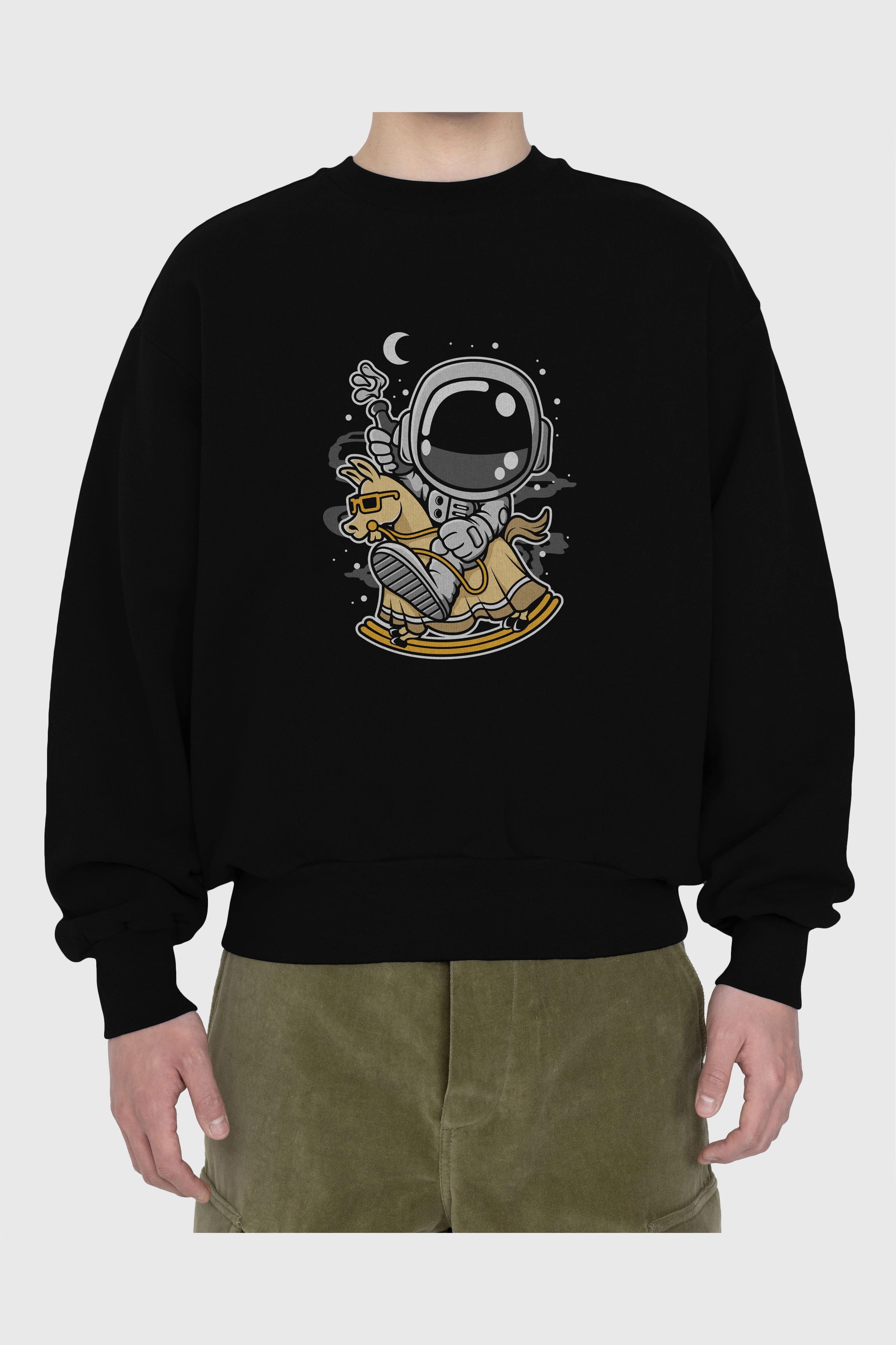 Astronaut RidingToy Horse Ön Baskılı Oversize Sweatshirt Erkek Kadın Unisex