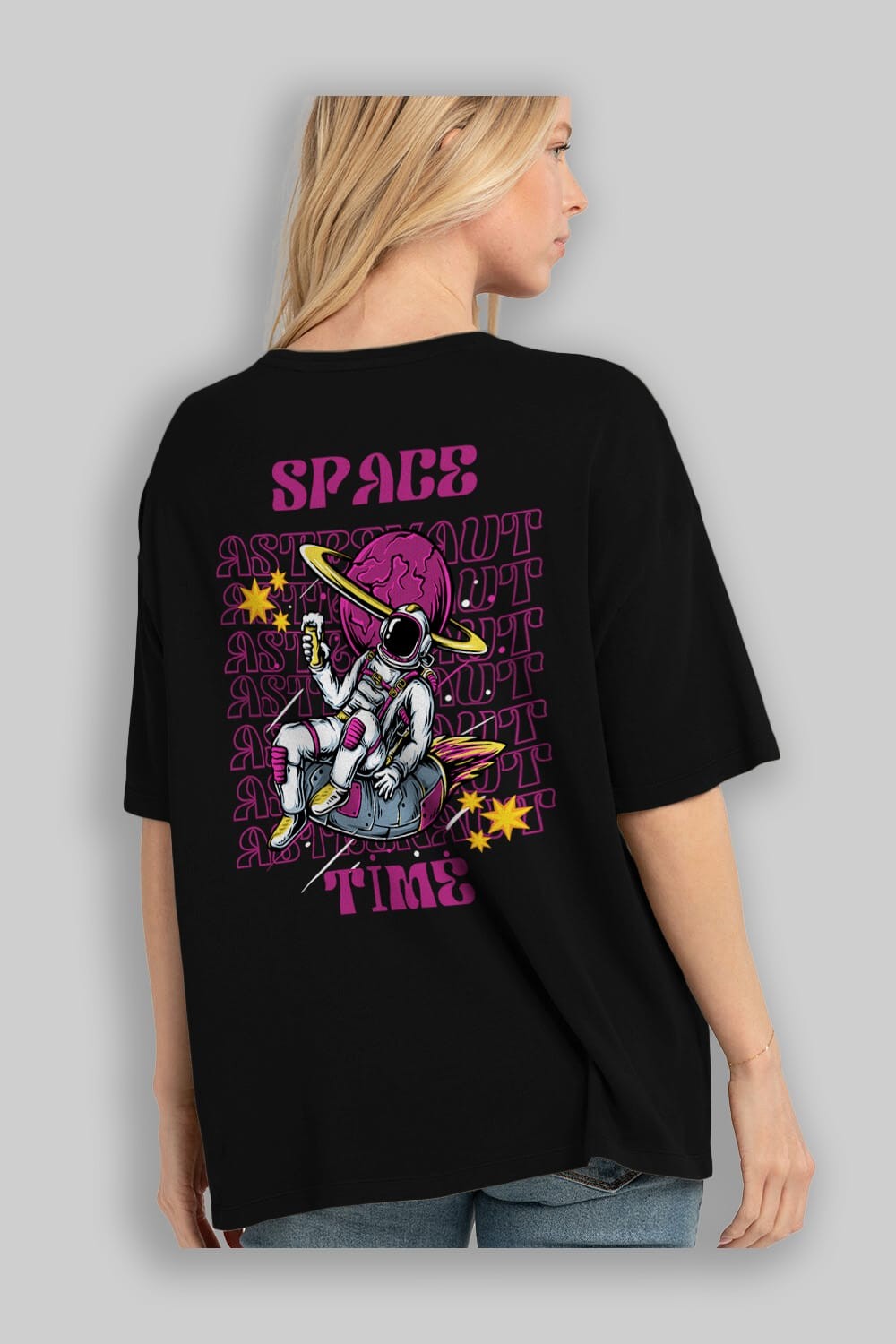 Space Time Astronaut Yazılı Arka Baskılı Oversize t-shirt Erkek Kadın Unisex