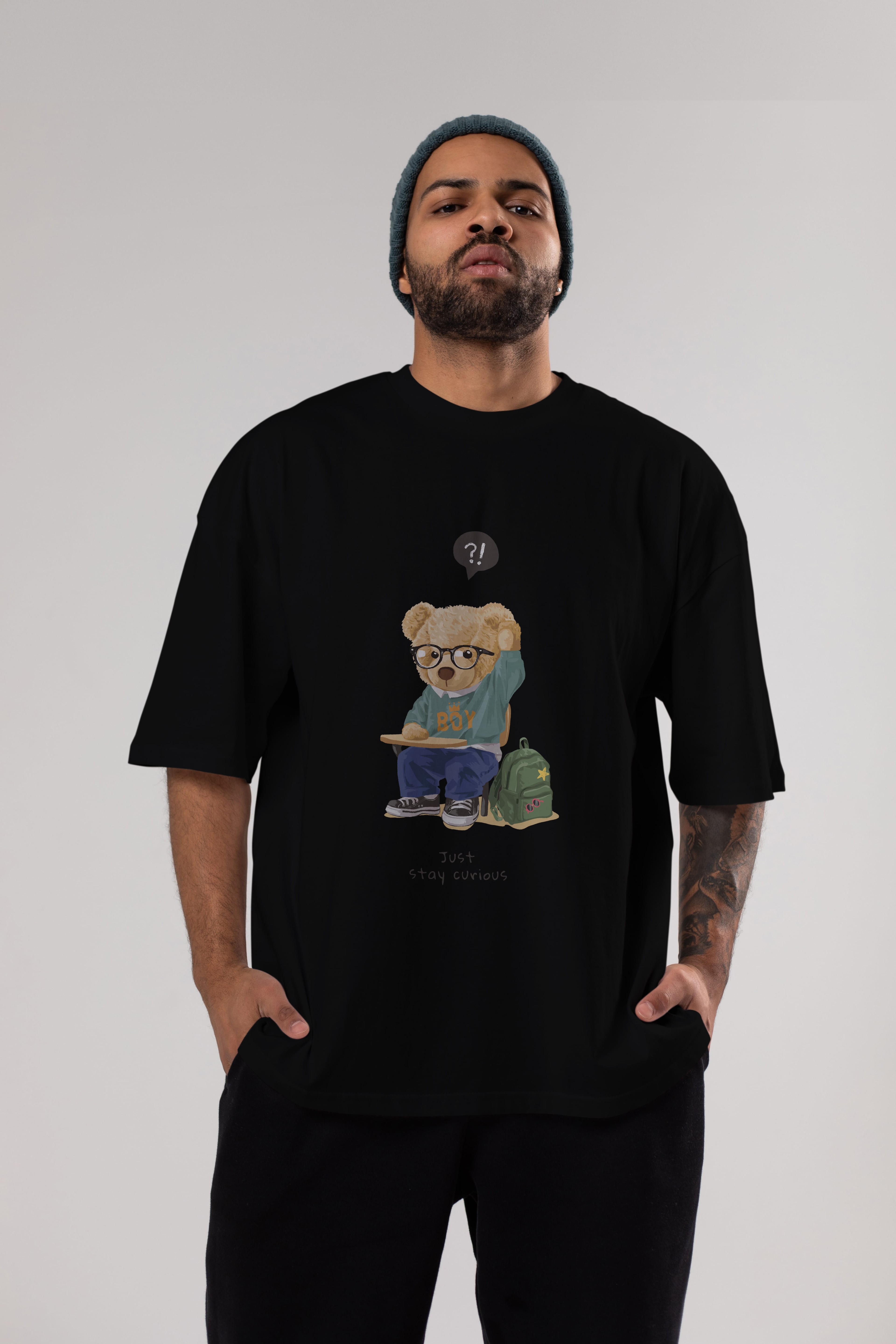 Teddy Bear Just Stay Curious Ön Baskılı Oversize t-shirt Erkek Kadın Unisex %100 Pamuk