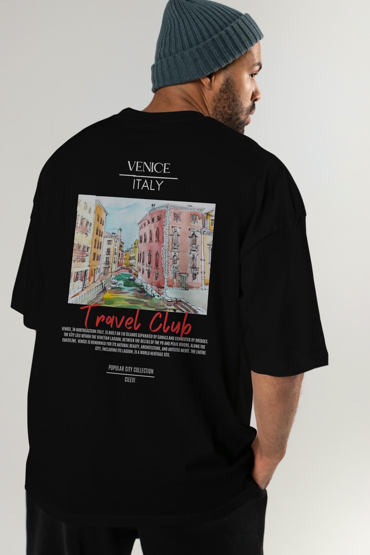 Venice İtaly Arka Baskılı Oversize t-shirt Erkek Kadın Pamuk Bisiklet Yaka tişort