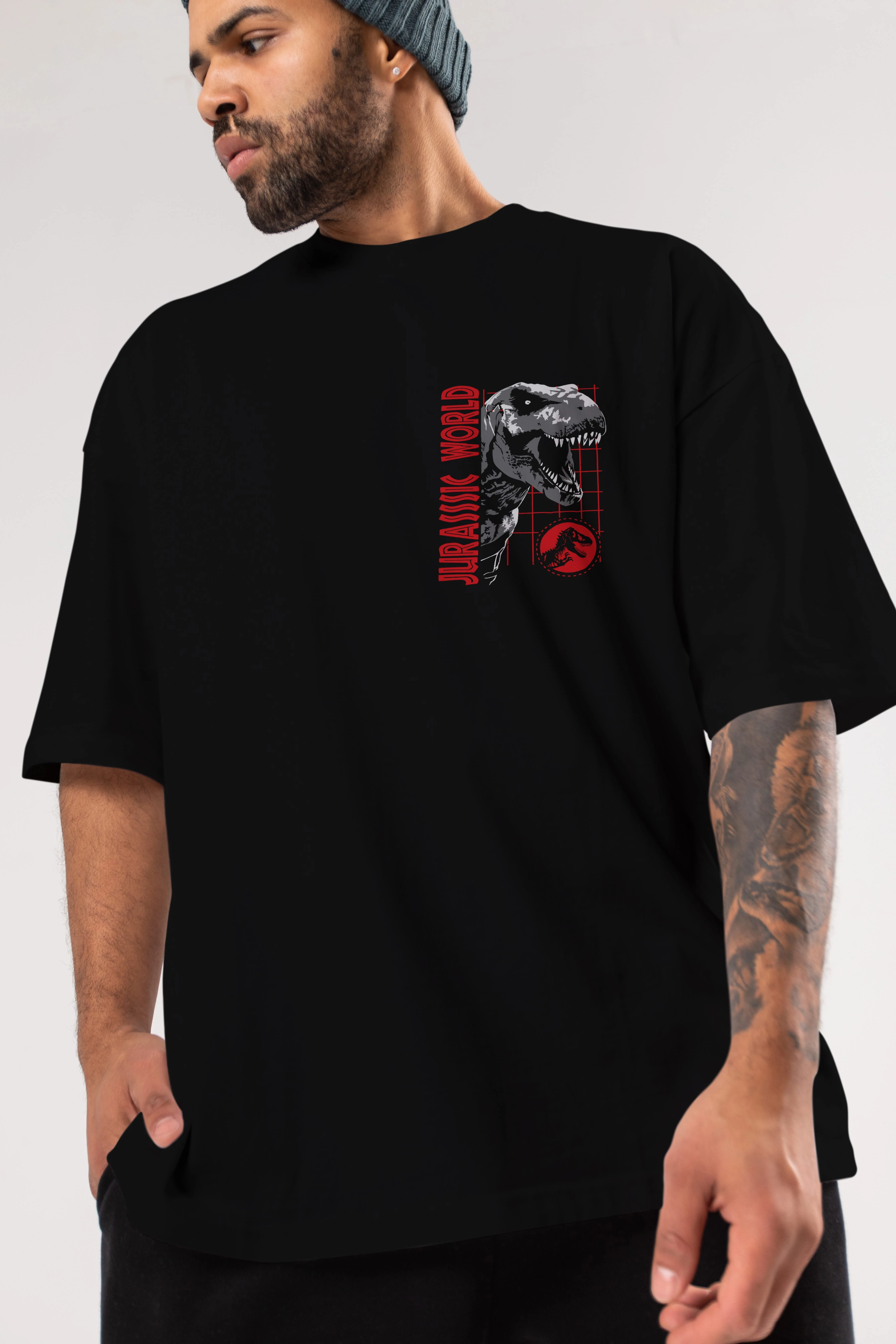 Jurassic Park (2) Ön Sol Baskılı Oversize t-shirt Erkek Kadın Unisex %100 Pamuk Bisiklet Yaka tişort