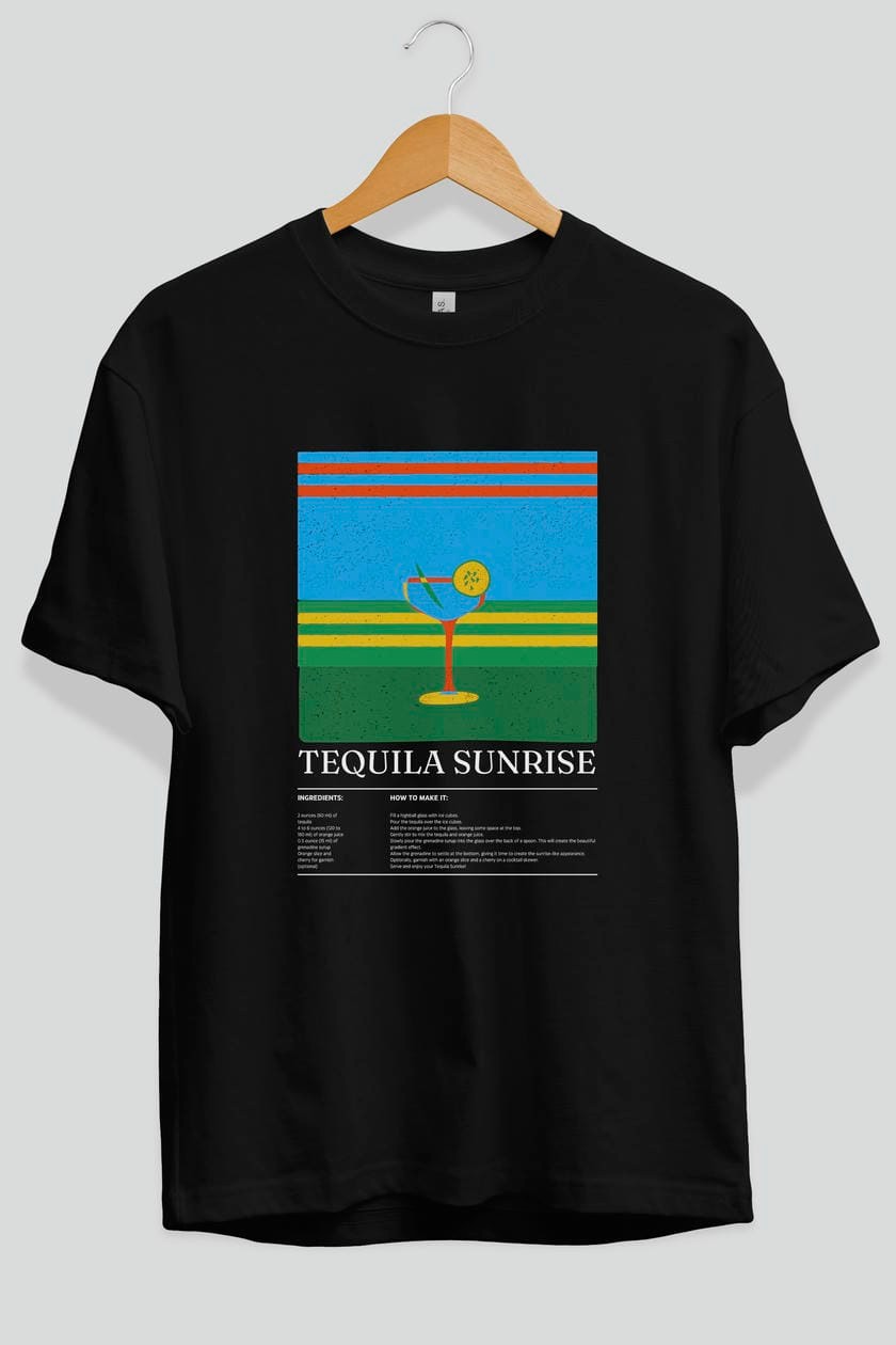 Tequila Sunrise Kokteyl Ön Baskılı Oversize t-shirt Erkek Kadın %100 Pamuk Bisiklet Yaka tişort
