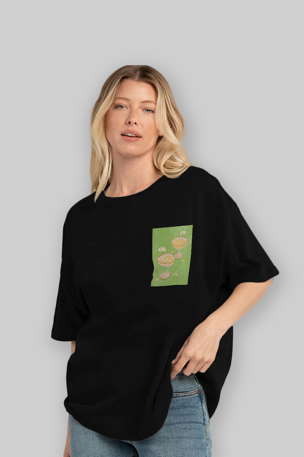 Hi Cheers Ön Sol Baskılı Oversize t-shirt Erkek Kadın Unisex %100 Pamuk Bisiklet Yaka tişort