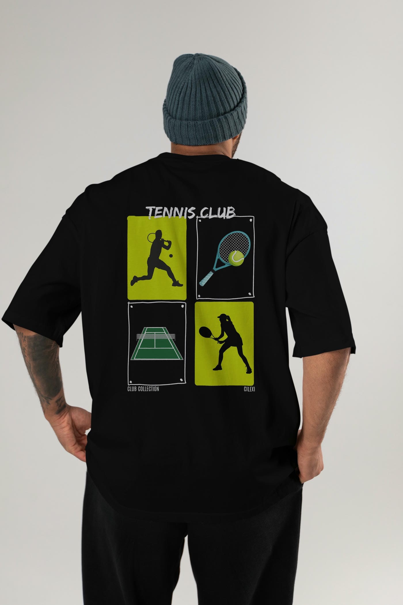 Tennis Club Arka Baskılı Oversize t-shirt Erkek Kadın %100 Pamuk Bisiklet Yaka tişort