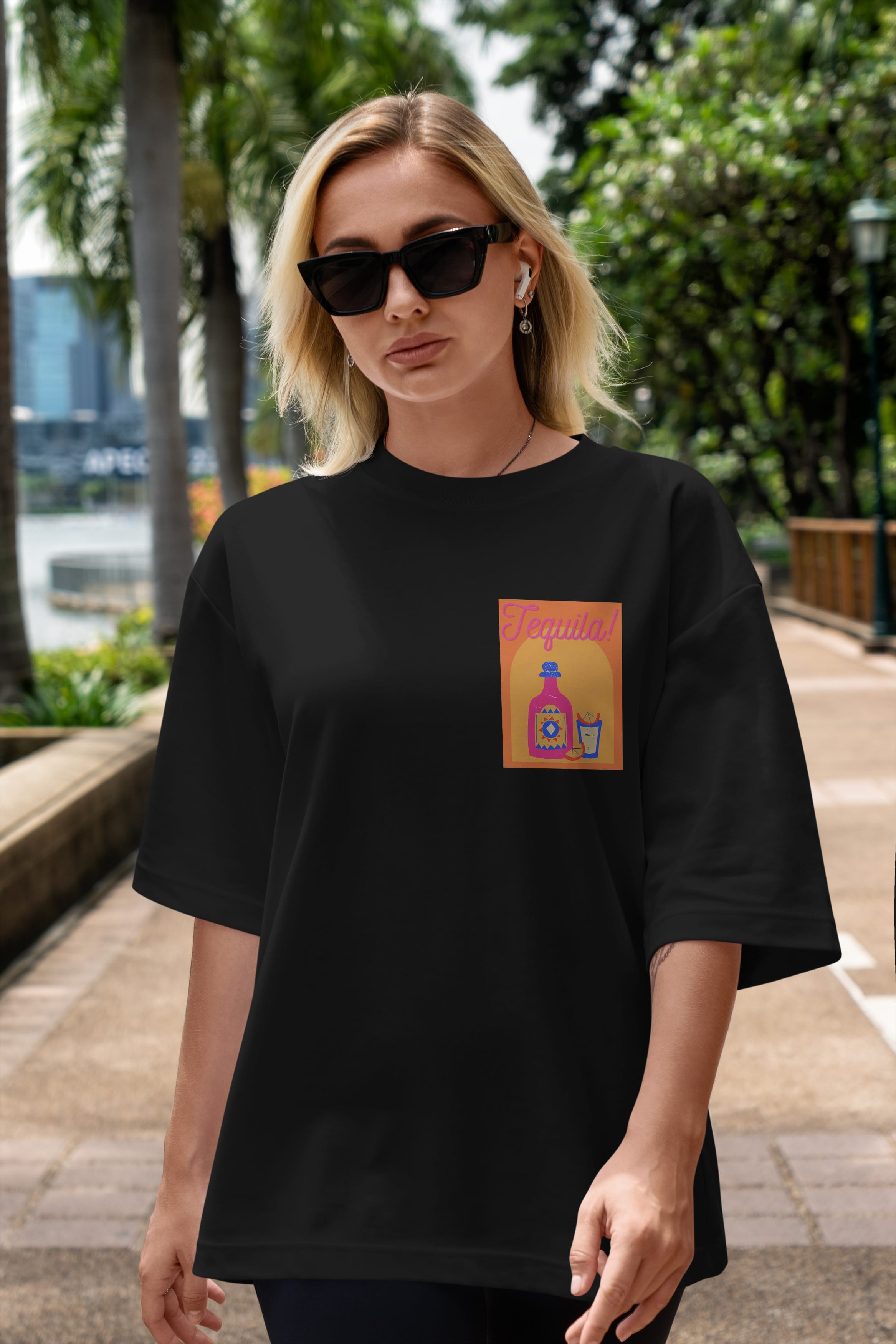 Tequila Ön Sol Baskılı Oversize t-shirt Erkek Kadın Unisex %100 Pamuk Bisiklet Yaka tişort