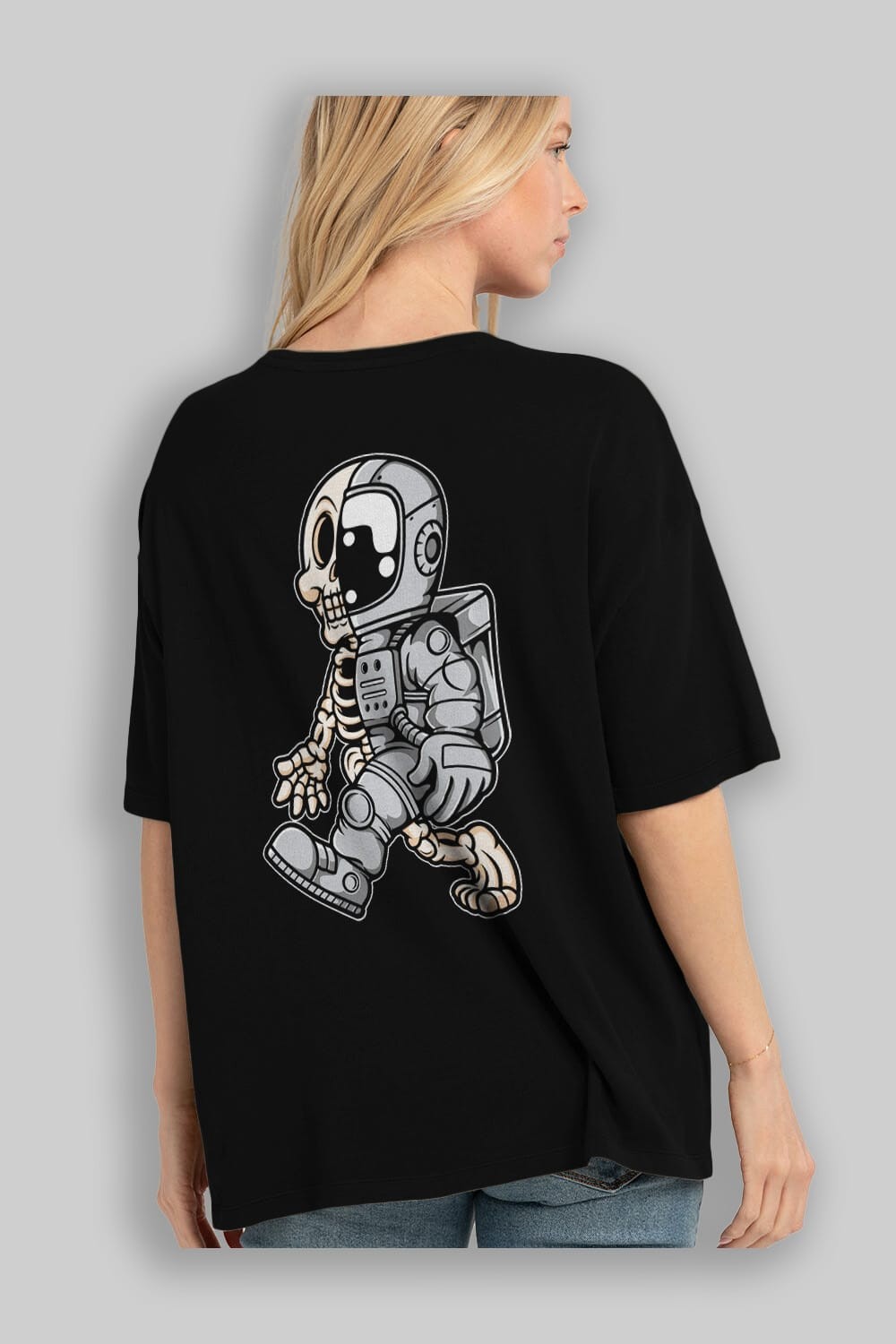 Astronaut Half Skull Arka Baskılı Oversize t-shirt Erkek Kadın Unisex