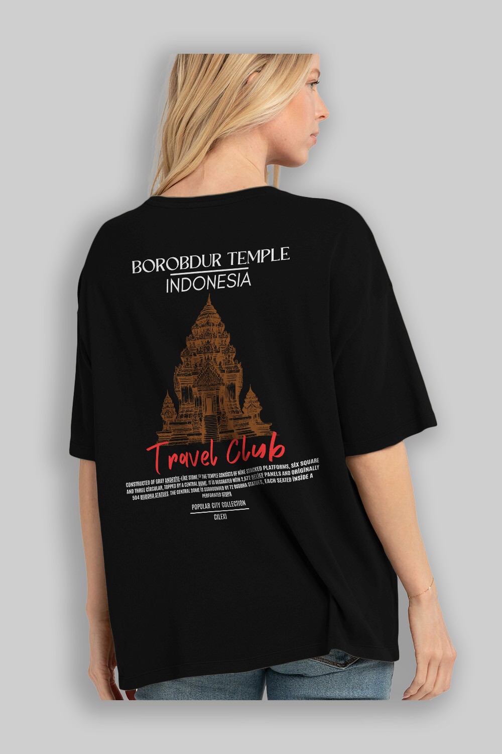 Borobdur Temple İndonesia Arka Baskılı Oversize t-shirt Erkek Kadın Pamuk Bisiklet Yaka tişort