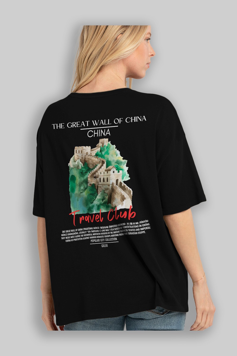 The Great Wall Of China Arka Baskılı Oversize t-shirt Erkek Kadın Pamuk Bisiklet Yaka tişort