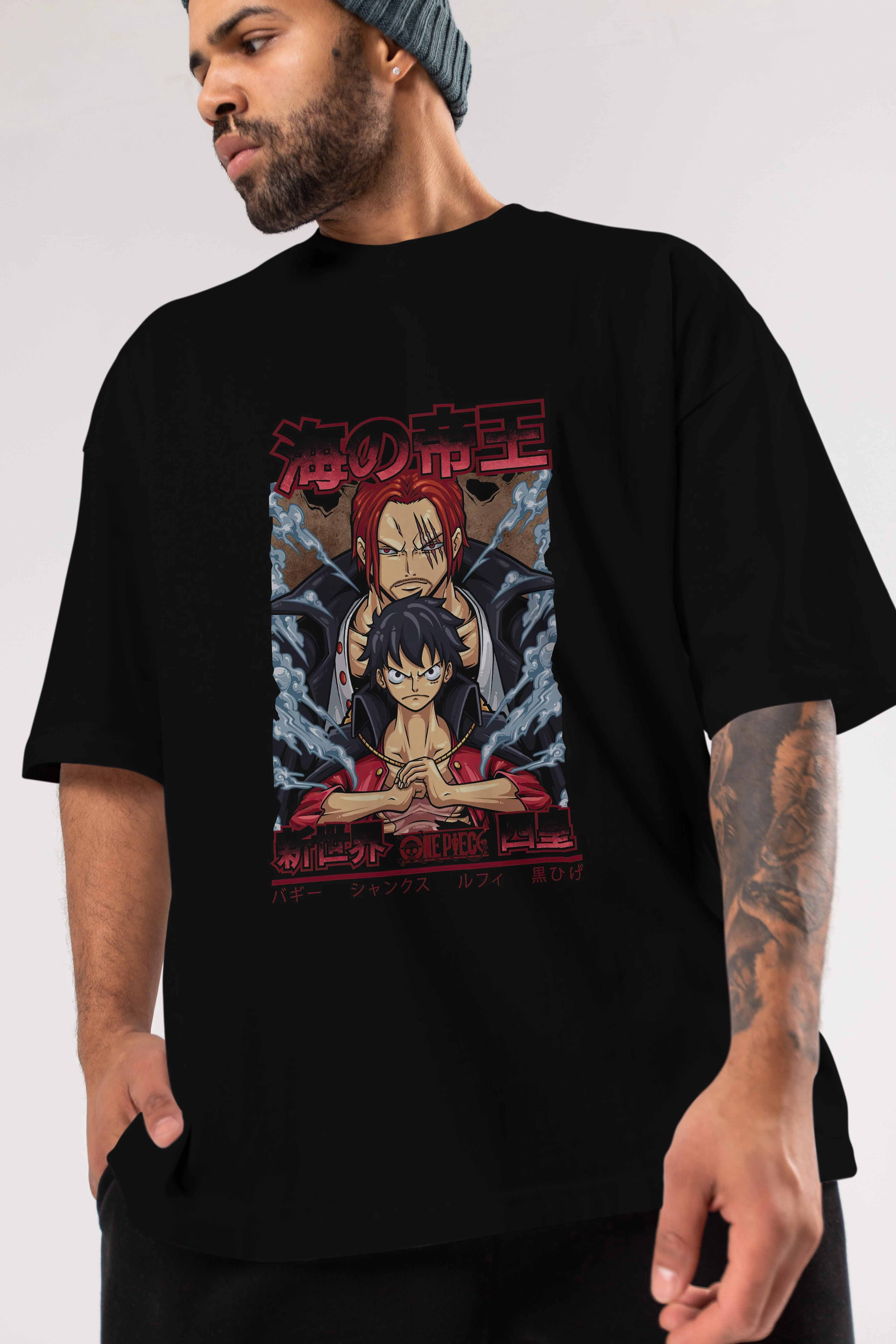 MONKEY D. LUFF and SHANKS Anime Ön Baskılı Oversize t-shirt %100 pamuk Erkek Kadın Unisex
