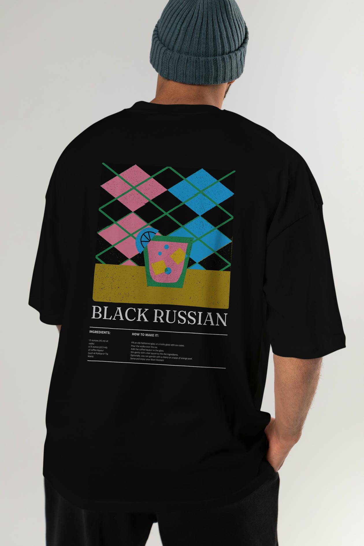 Black Russian Kokteyl Serisi Arka Baskılı Oversize t-shirt Erkek Kadın %100 Pamuk Bisiklet Yaka tişort