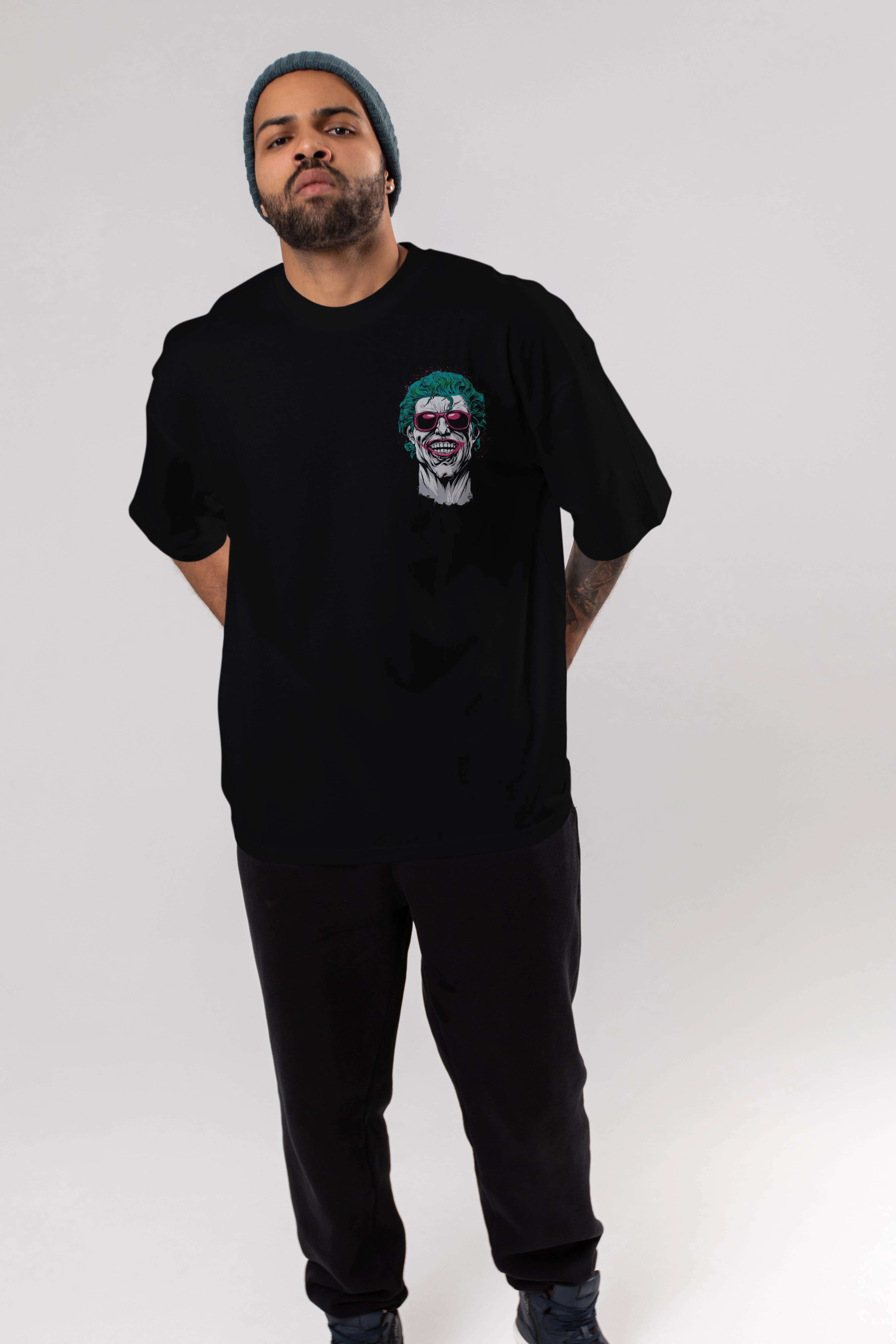 Joker 1 Ön Sol Baskılı Oversize t-shirt Erkek Kadın Unisex %100 Pamuk Bisiklet Yaka tişort