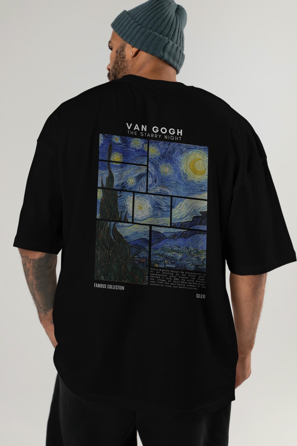 Van Gogh The Starry Night Arka Baskılı Oversize t-shirt Erkek Kadın Bisiklet Yaka Pamuk tişort
