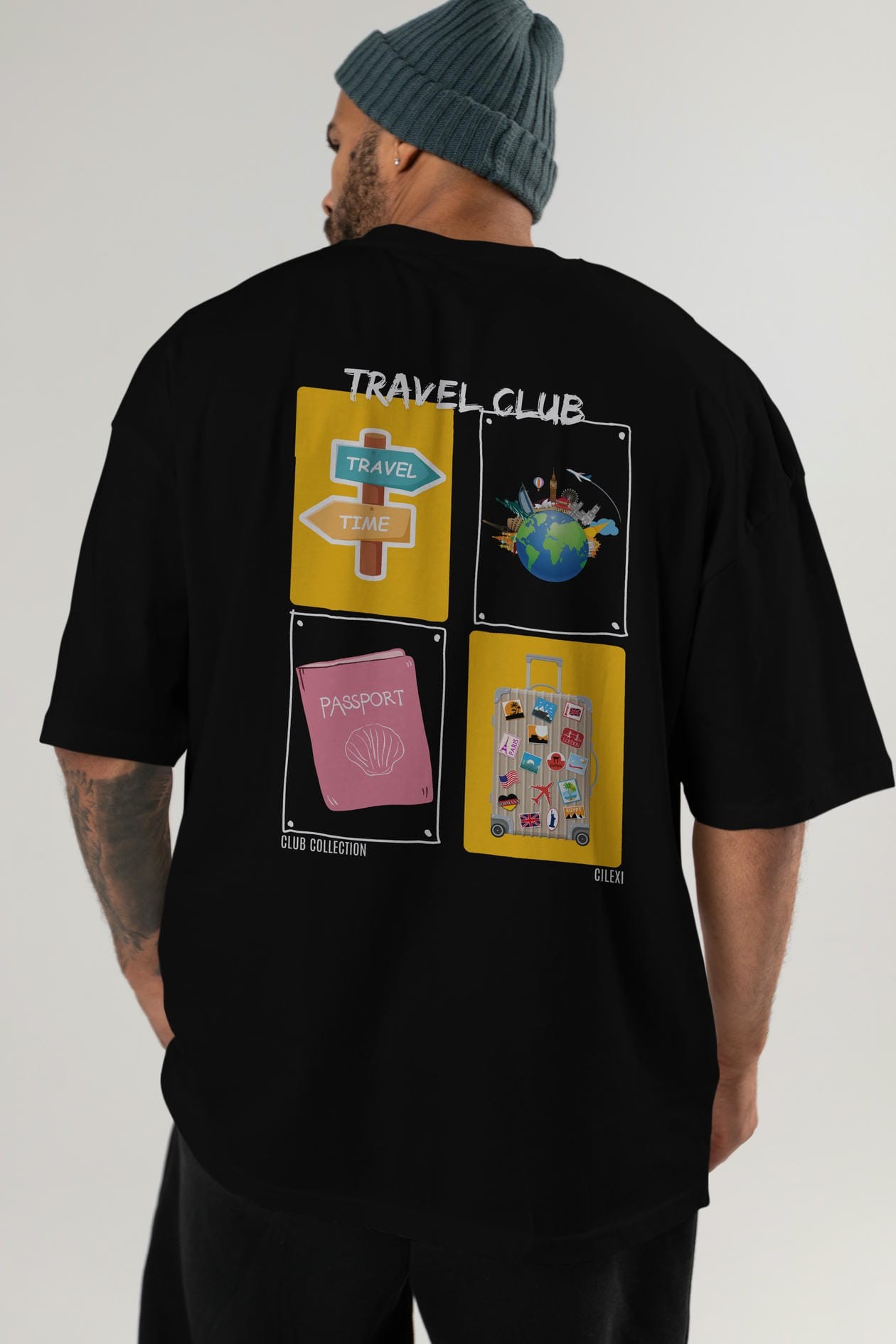 Travel Club Arka Baskılı Oversize t-shirt Erkek Kadın %100 Pamuk Bisiklet Yaka tişort
