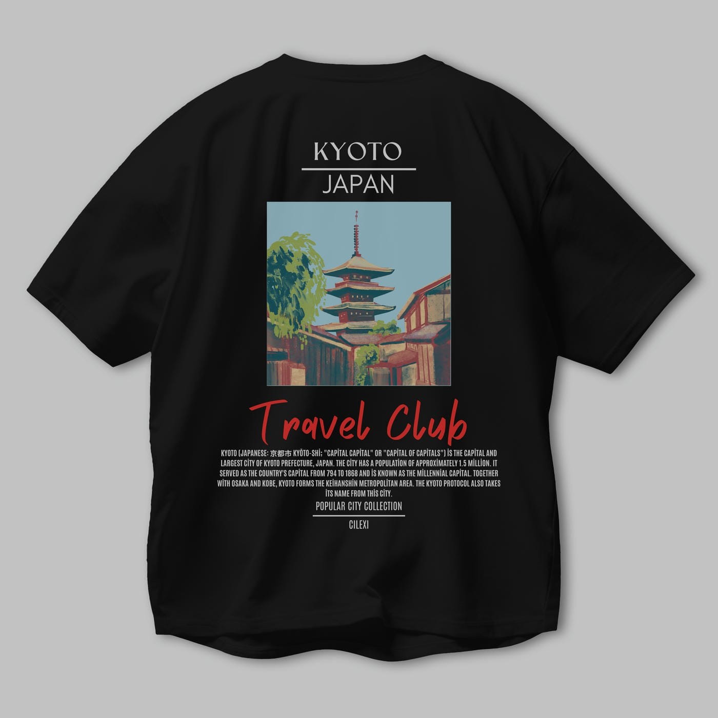 Kyoto Japan Arka Baskılı Oversize t-shirt Erkek Kadın Pamuk Bisiklet Yaka tişort
