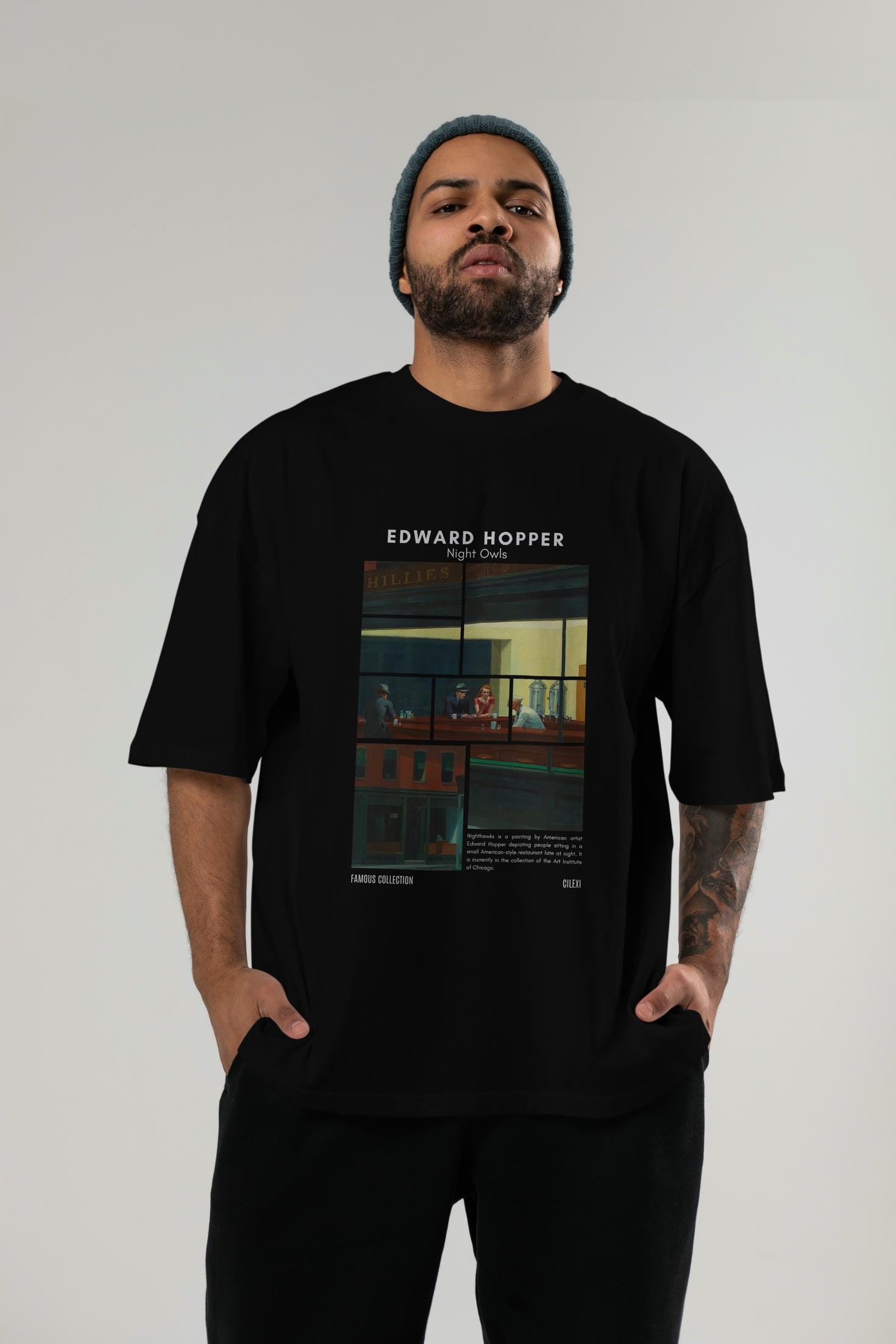 Edward Hopper Night Owls ön Baskılı Oversize t-shirt Erkek Kadın Bisiklet Yaka Pamuk tişort