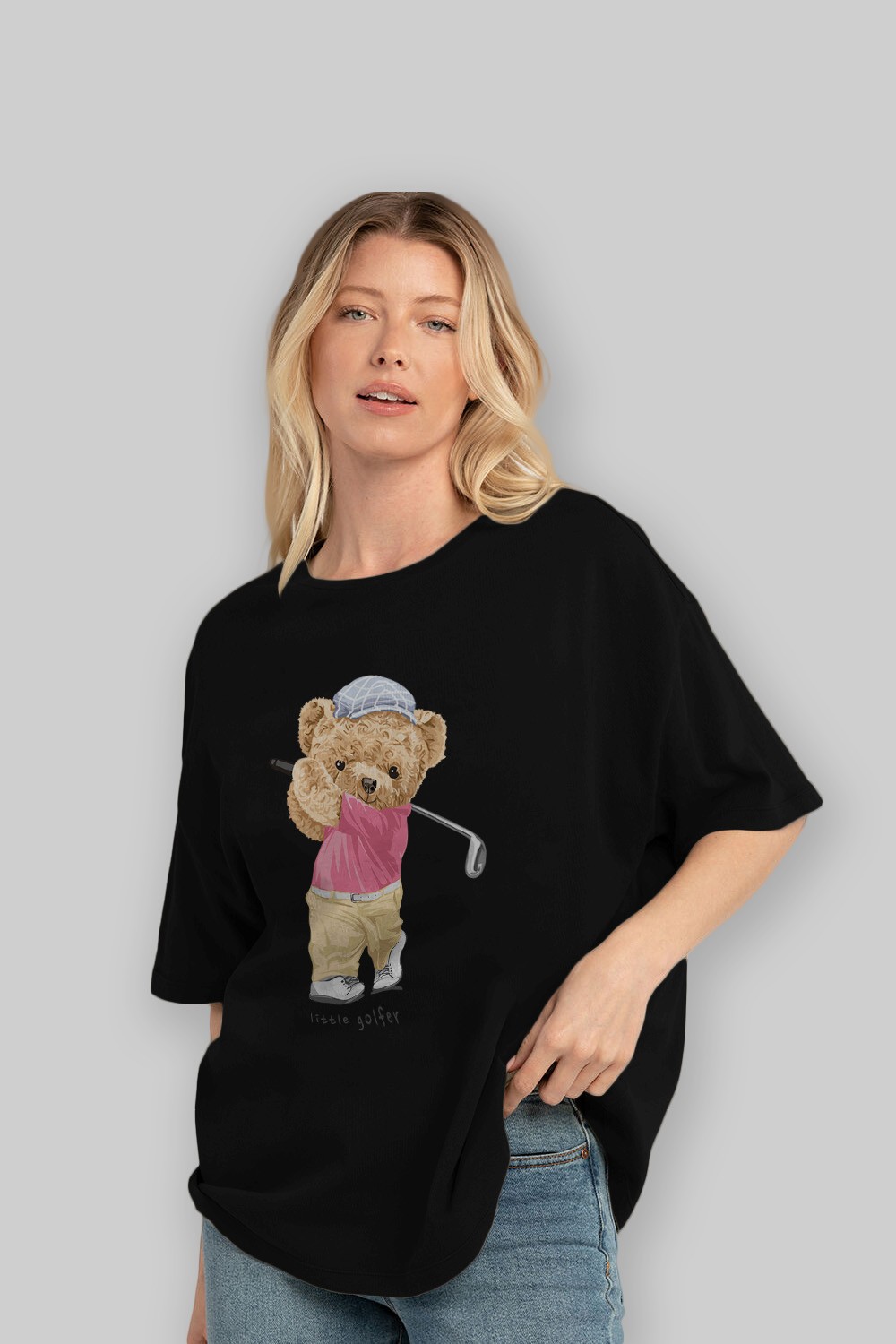 Teddy Bear Little Golfer Ön Baskılı Oversize t-shirt Erkek Kadın Unisex %100 Pamuk