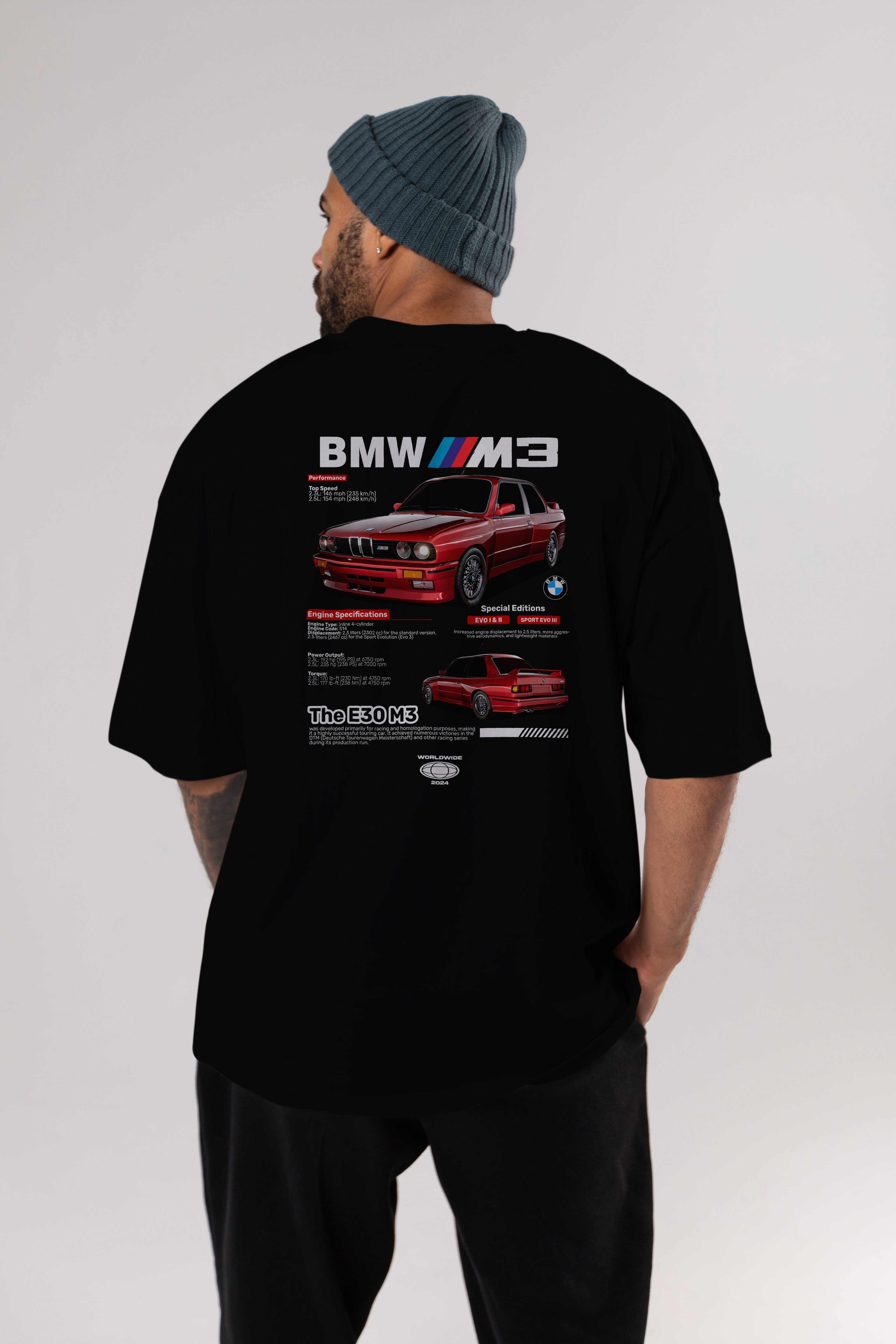 BMW E30 M3 Arka Baskılı Oversize t-shirt Erkek Kadın Unisex %100 Pamuk Bisiklet Yaka tişort
