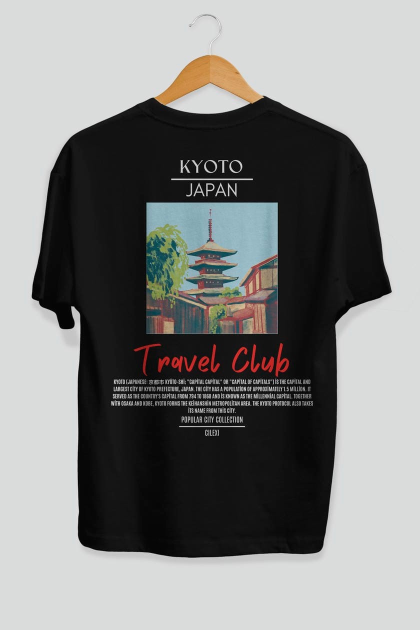 Kyoto Japan Arka Baskılı Oversize t-shirt Erkek Kadın Pamuk Bisiklet Yaka tişort