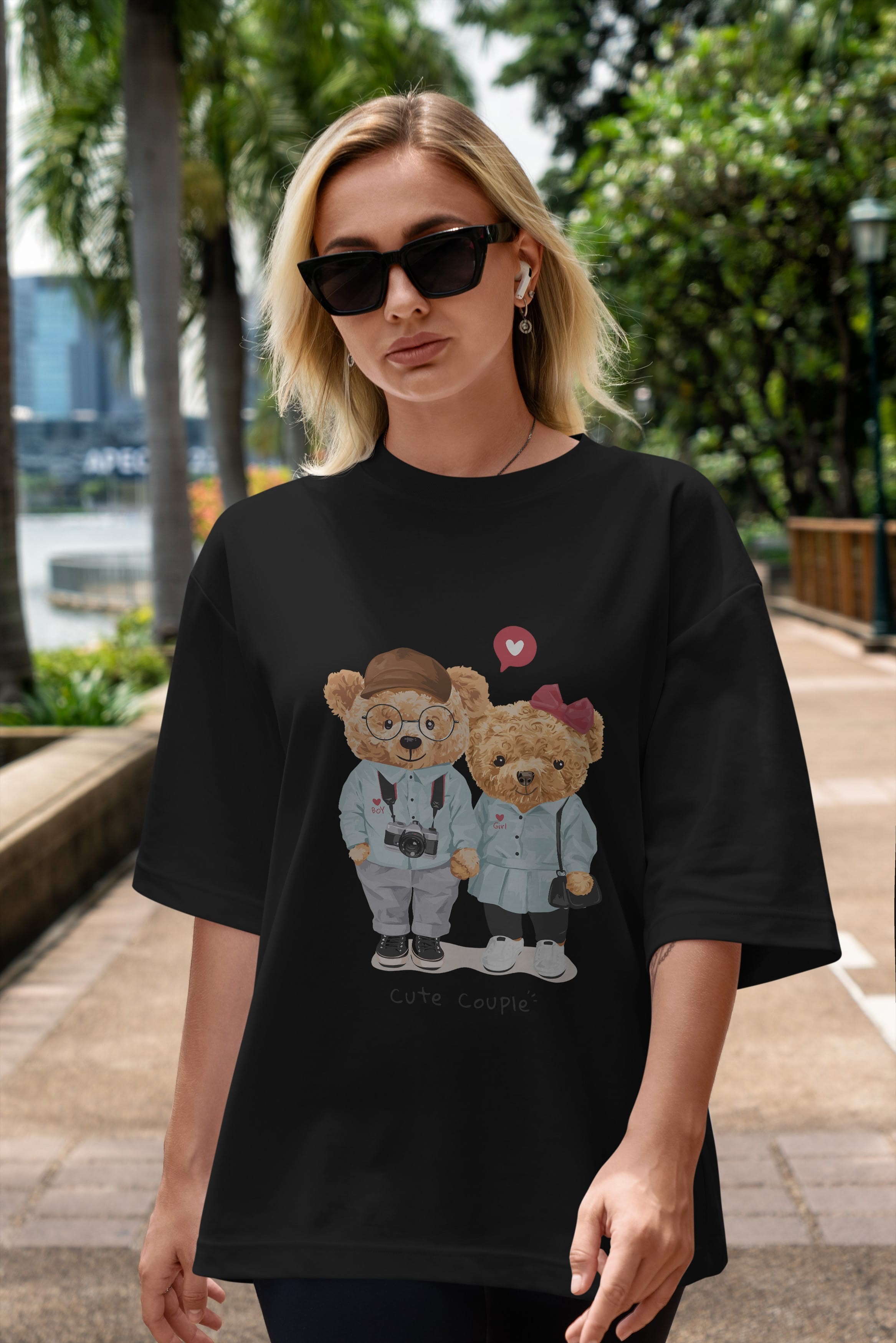 Teddy Bear Cute Couple Ön Baskılı Oversize t-shirt Erkek Kadın Unisex %100 Pamuk