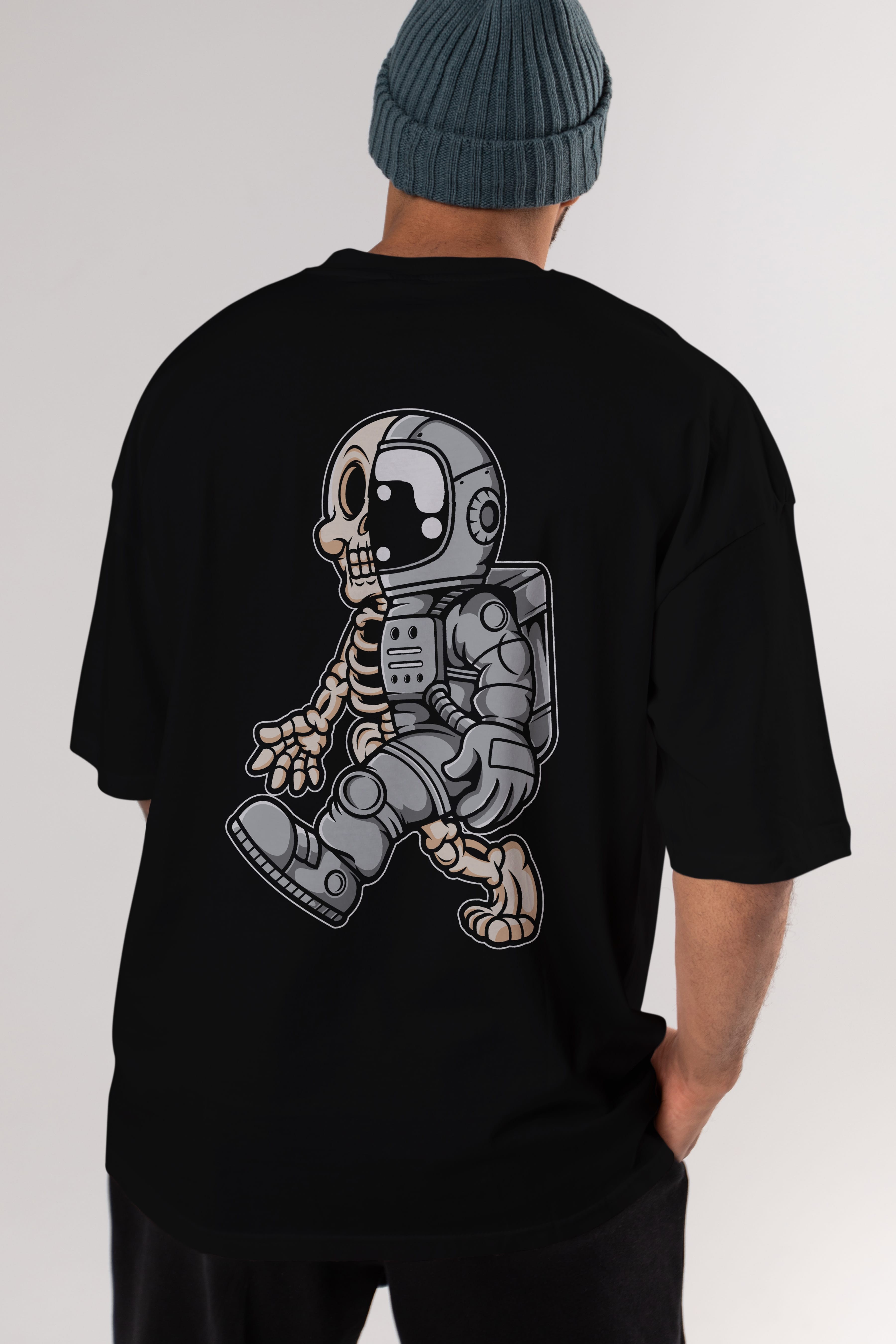 Astronaut Half Skull Arka Baskılı Oversize t-shirt Erkek Kadın Unisex