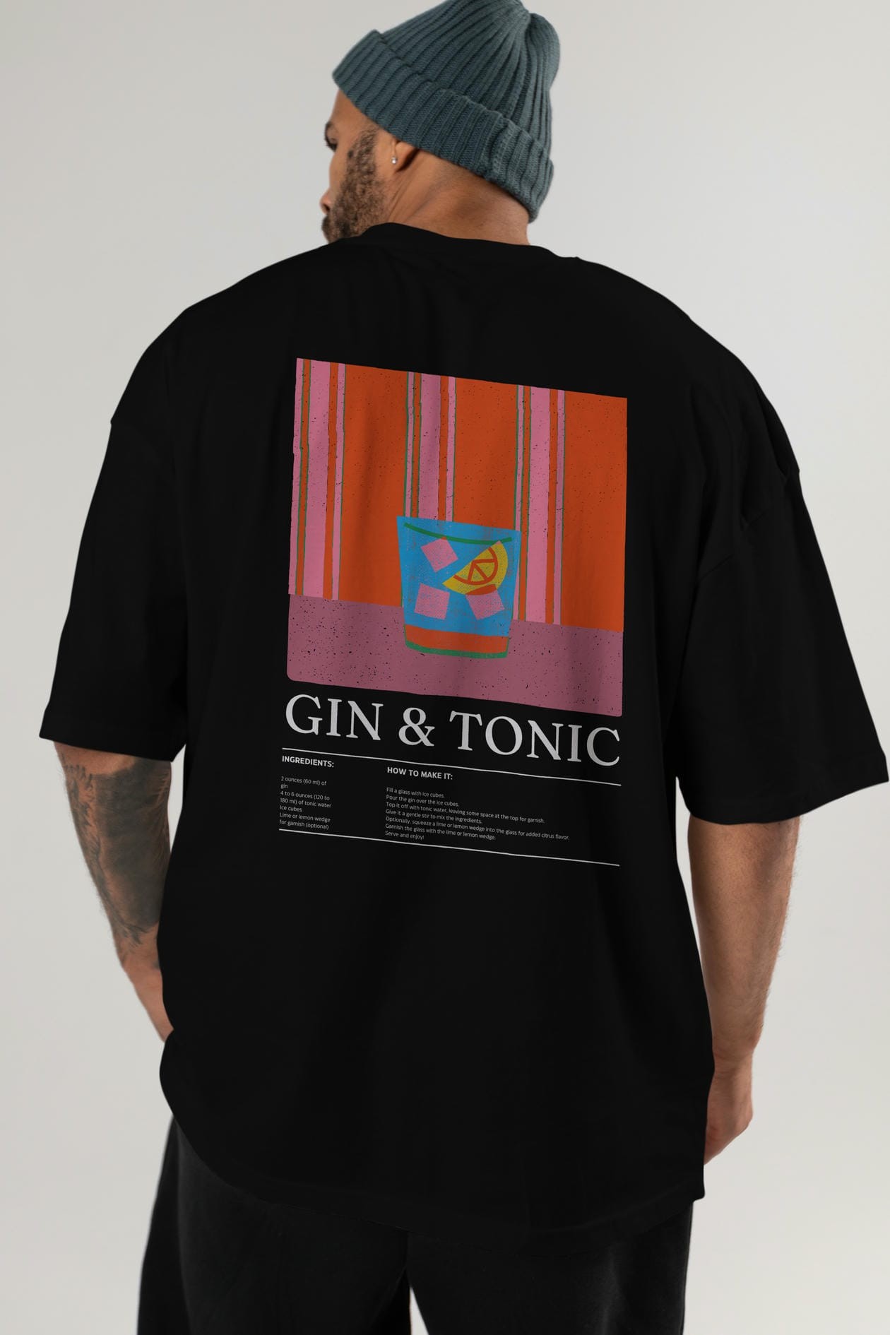 Gin Tonic Kokteyl Serisi Arka Baskılı Oversize t-shirt Erkek Kadın %100 Pamuk Bisiklet Yaka tişort