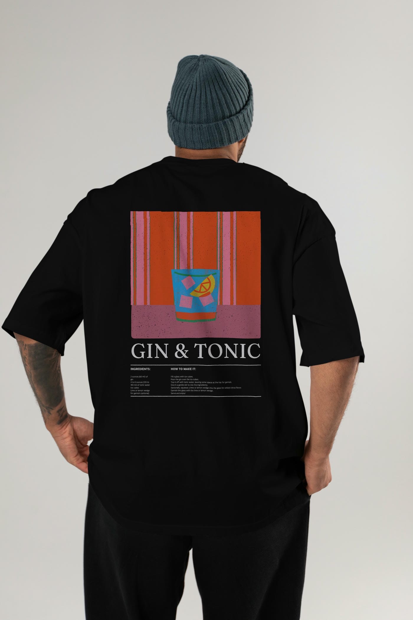 Gin Tonic Kokteyl Serisi Arka Baskılı Oversize t-shirt Erkek Kadın %100 Pamuk Bisiklet Yaka tişort