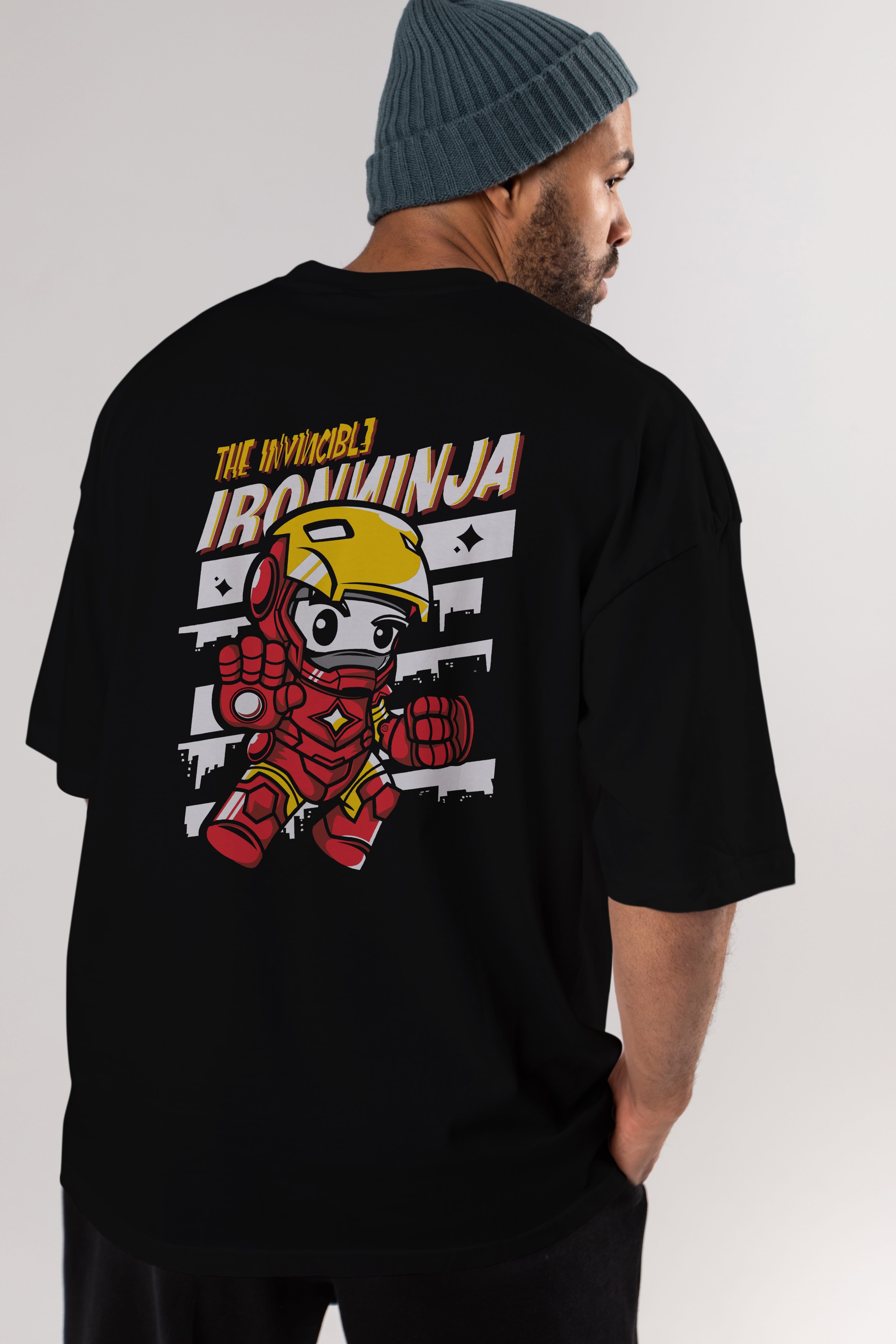 iron ninja Arka Baskılı Oversize t-shirt Erkek Kadın Unisex %100 Pamuk Bisiklet Yaka tişort