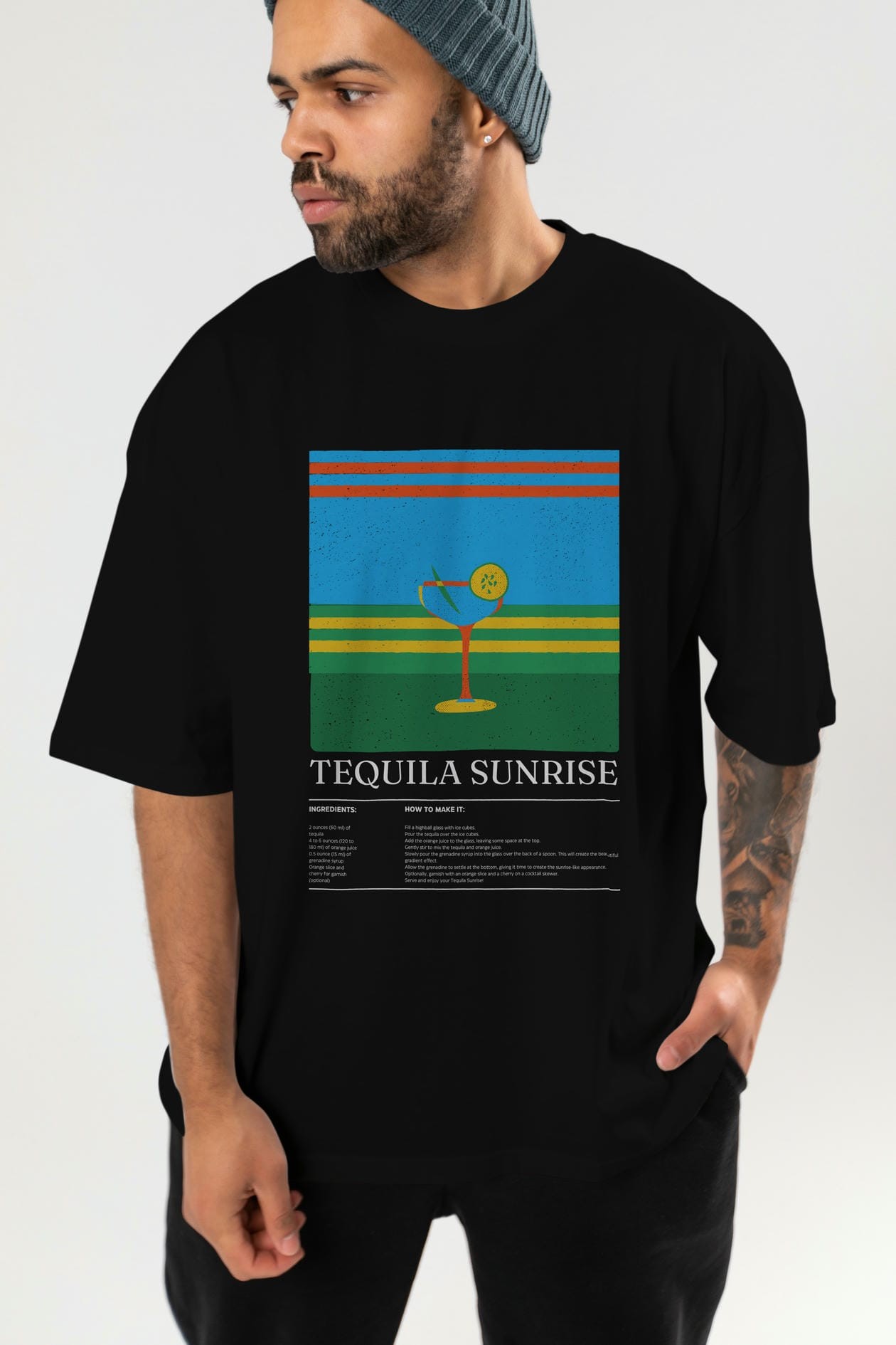 Tequila Sunrise Kokteyl Ön Baskılı Oversize t-shirt Erkek Kadın %100 Pamuk Bisiklet Yaka tişort