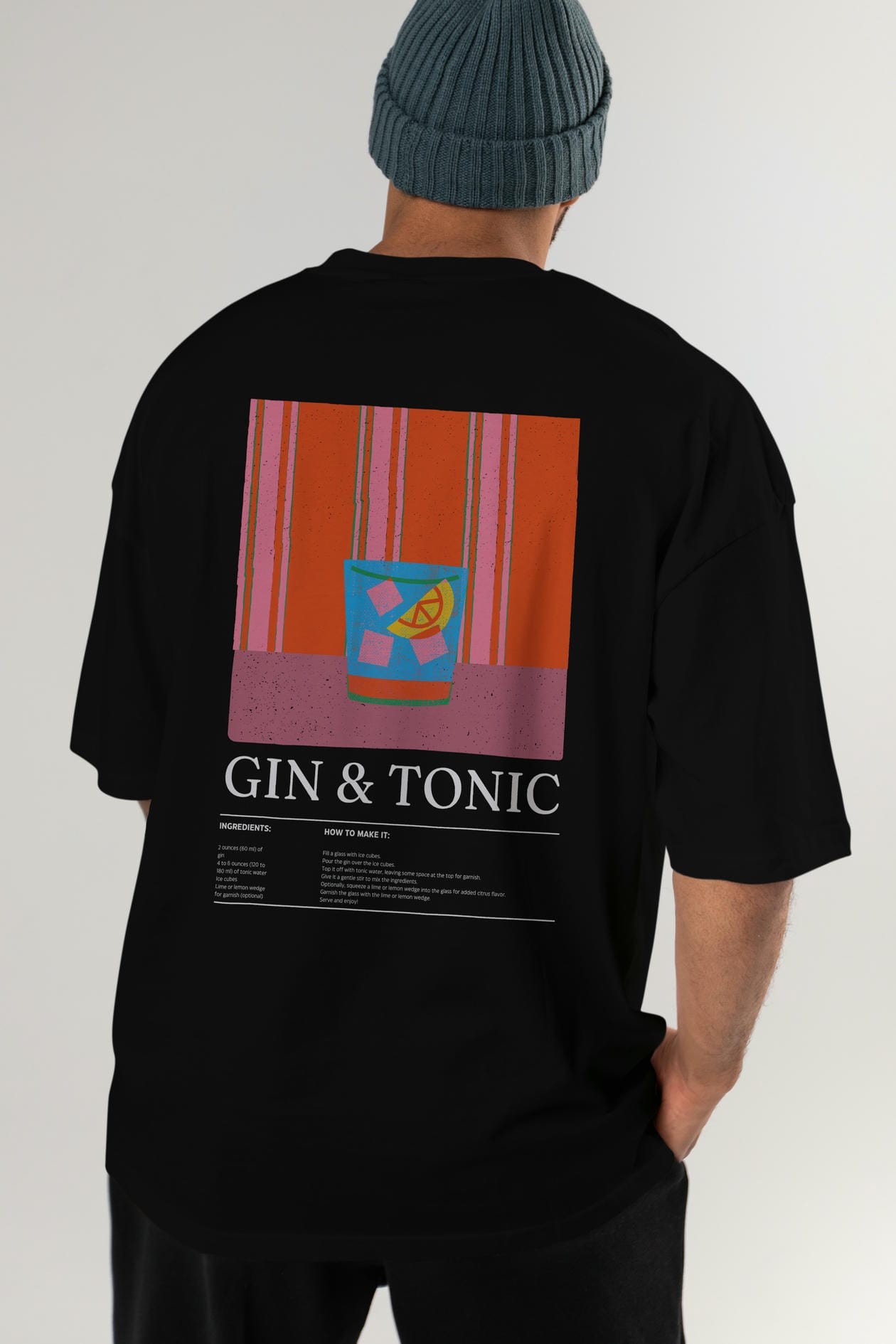 Gin Tonic Kokteyl Serisi Arka Baskılı Oversize t-shirt Erkek Kadın %100 Pamuk Bisiklet Yaka tişort