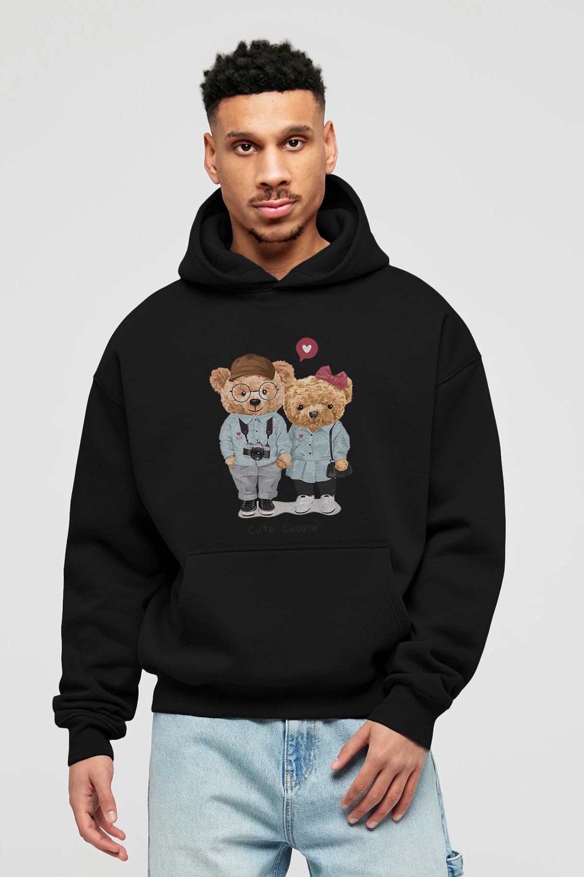 Teddy Bear Cute Couple Ön Baskılı Hoodie Oversize Kapüşonlu Sweatshirt Erkek Kadın Unisex