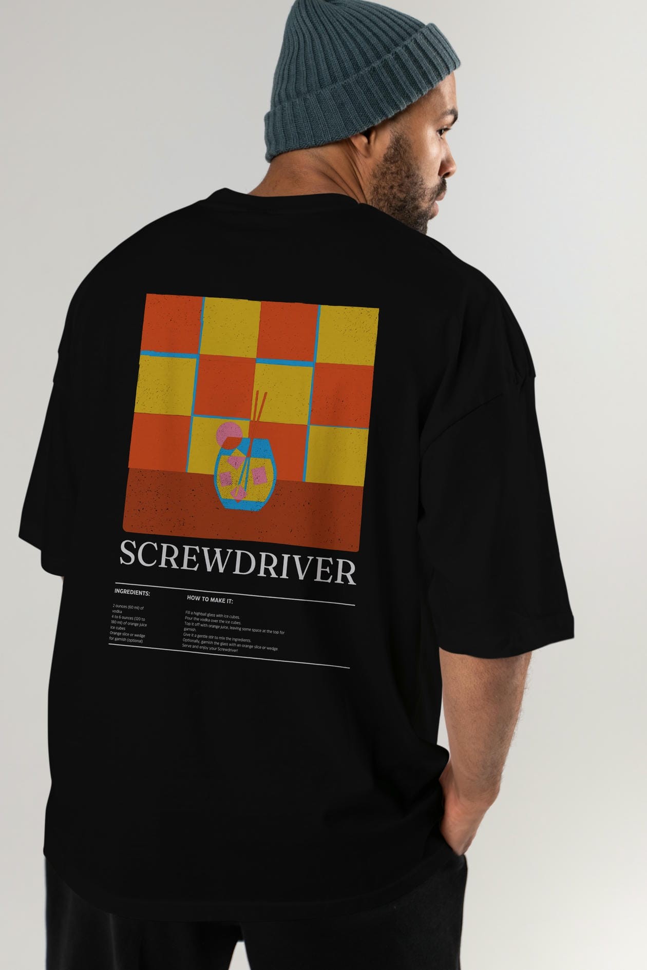 Screwdriver Kokteyl Serisi Arka Baskılı Oversize t-shirt Erkek Kadın %100 Pamuk Bisiklet Yaka tişort