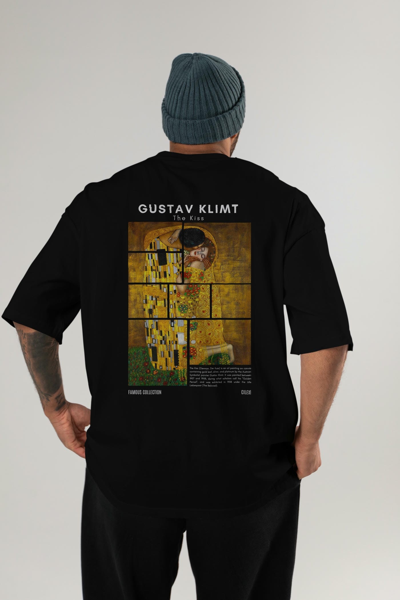 Gustav Klimt The Kiss Arka Baskılı Oversize t-shirt Erkek Kadın Bisiklet Yaka Pamuk tişort