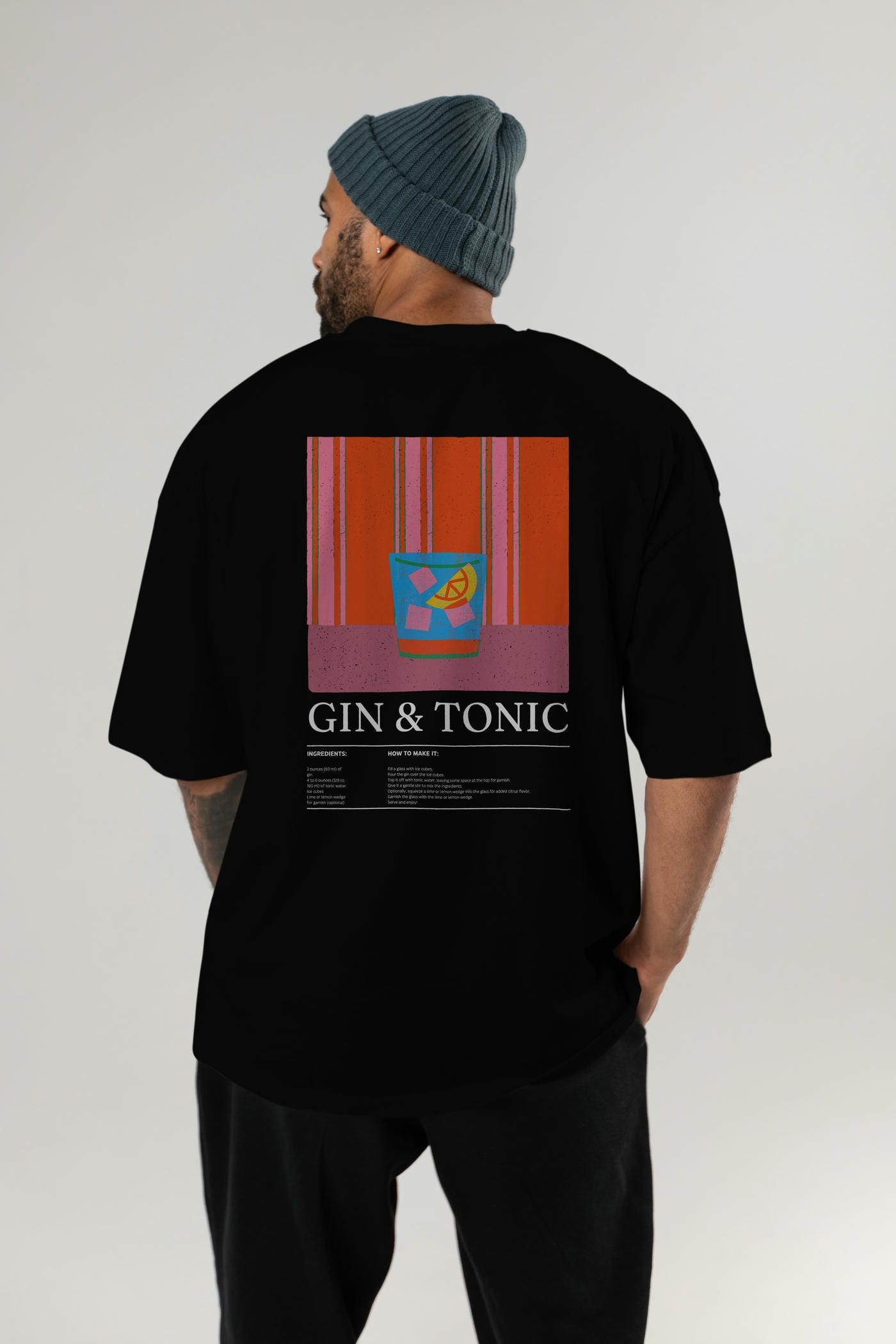 Gin Tonic Kokteyl Serisi Arka Baskılı Oversize t-shirt Erkek Kadın %100 Pamuk Bisiklet Yaka tişort