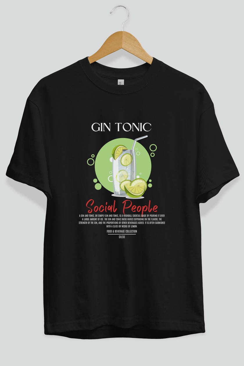 Gın Tonıc Kokteyl Serisi ön Baskılı Oversize t-shirt Erkek Kadın %100 Pamuk Bisiklet Yaka tişort