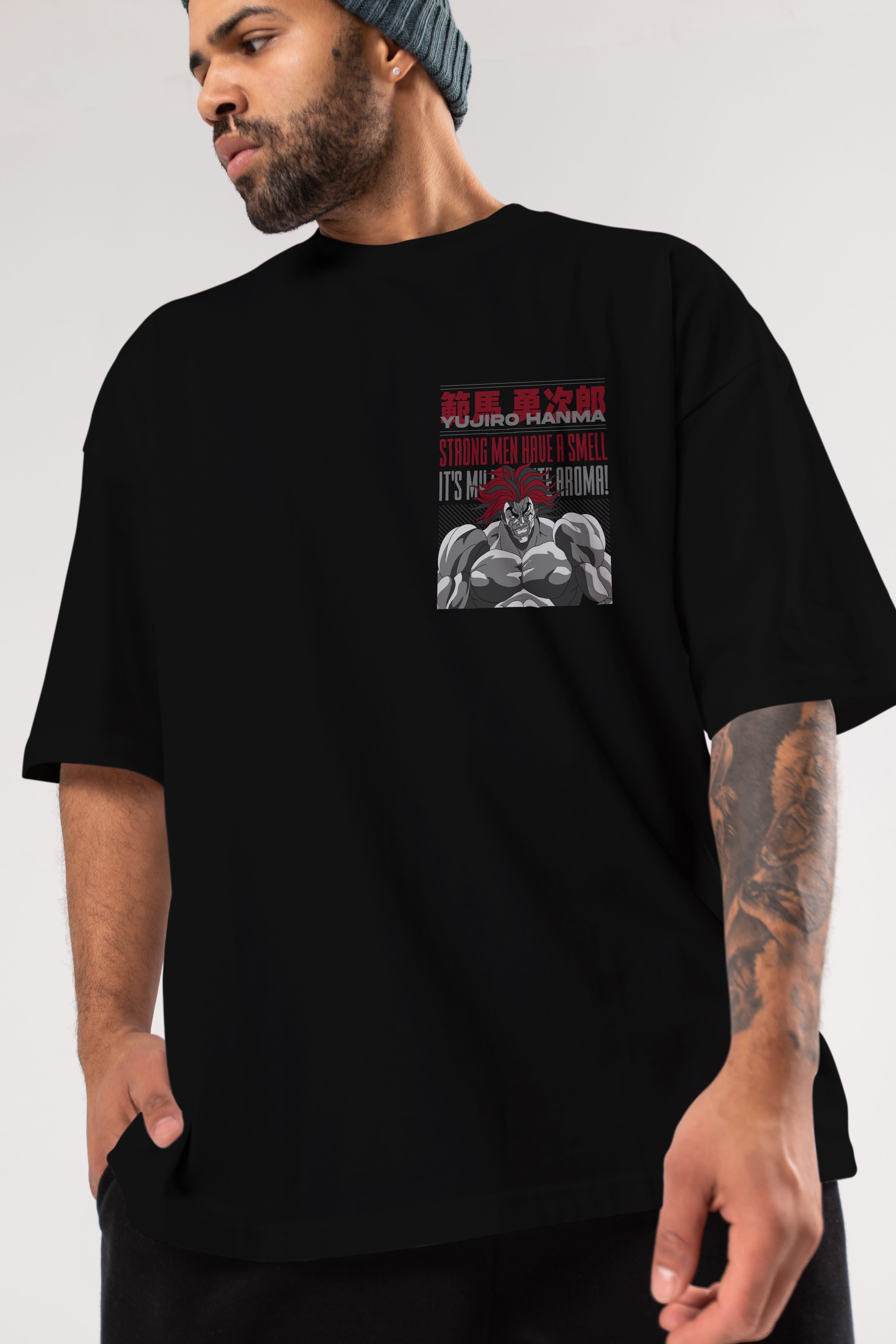 YUJIRO HANMA Ön Sol Baskılı Oversize t-shirt Erkek Kadın Unisex %100 Pamuk Bisiklet Yaka tişort