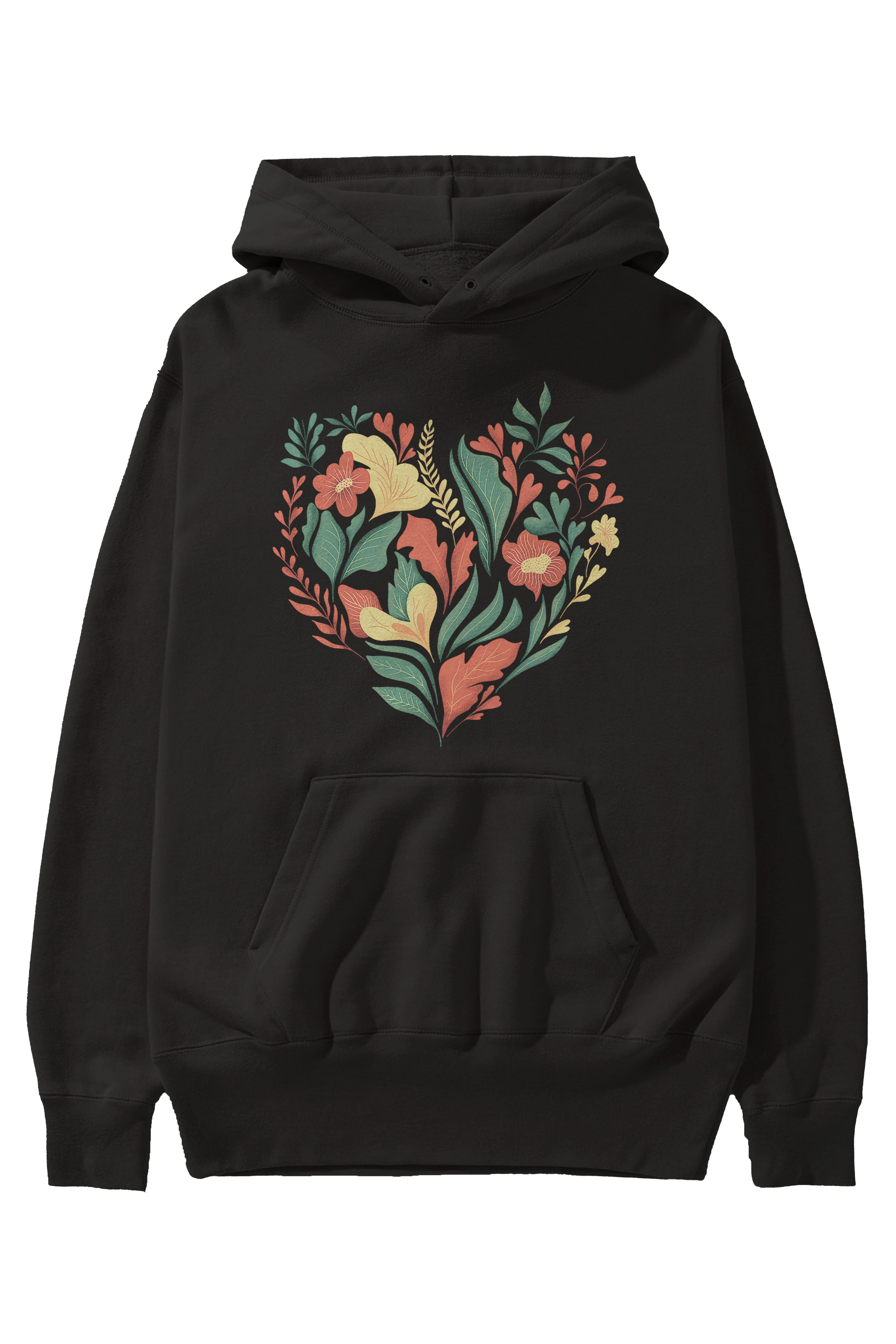 Çiçek Kalp Ön Baskılı Oversize Hoodie Kapüşonlu Sweatshirt Erkek Kadın Unisex