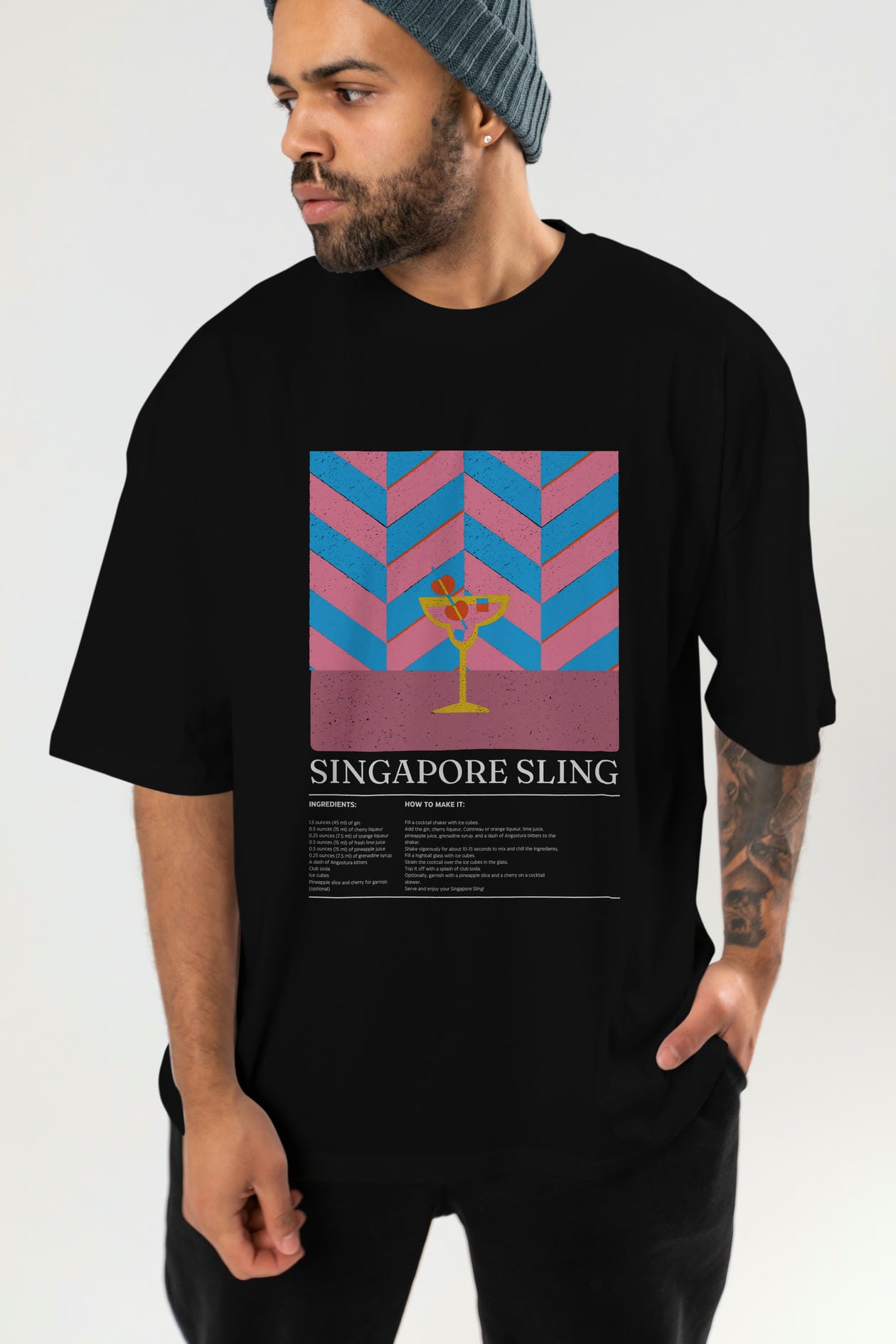Sıngapore Sling Kokteyl Ön Baskılı Oversize t-shirt Erkek Kadın %100 Pamuk Bisiklet Yaka tişort