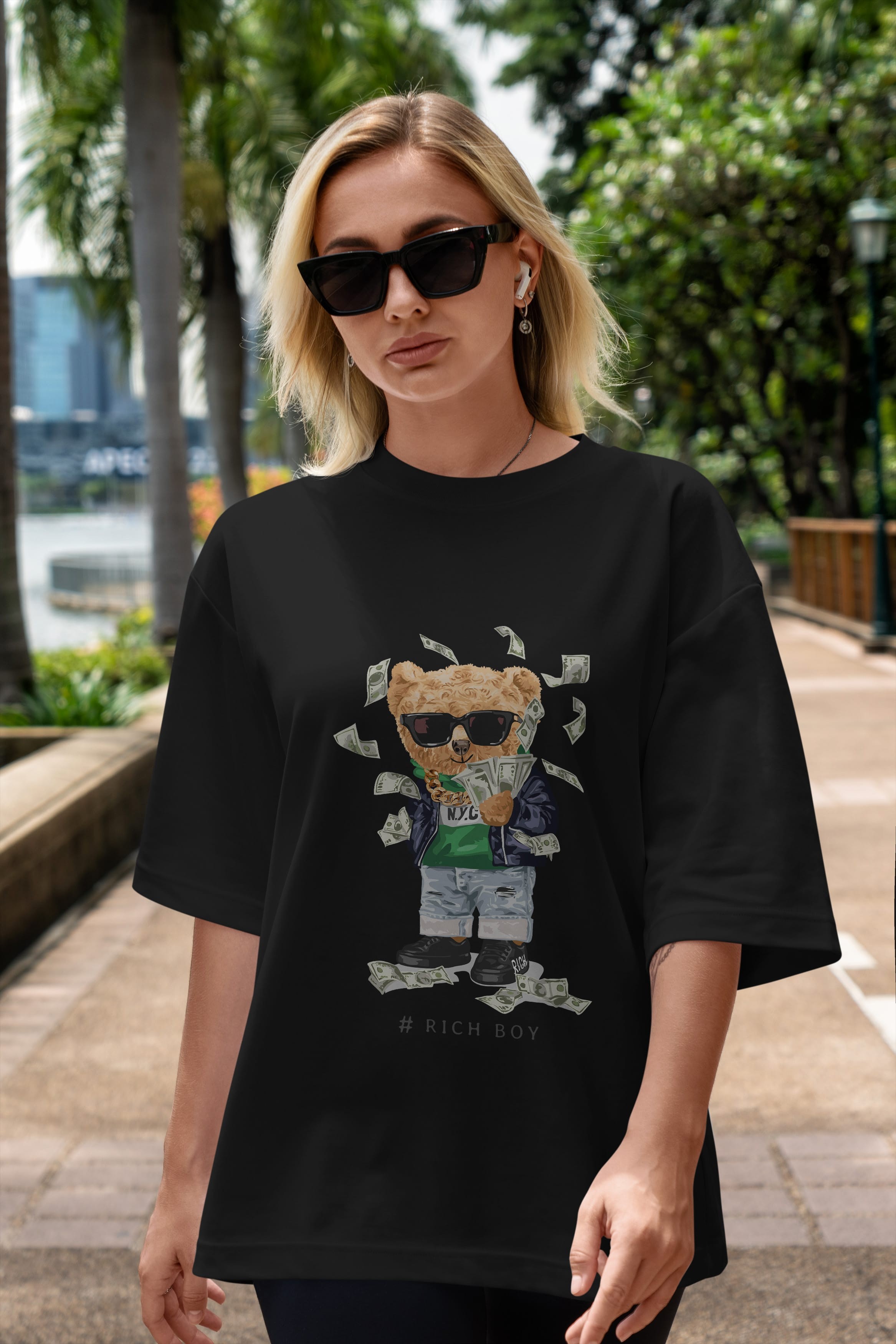 Teddy Bear Rich Boy Ön Baskılı Oversize t-shirt Erkek Kadın Unisex %100 Pamuk