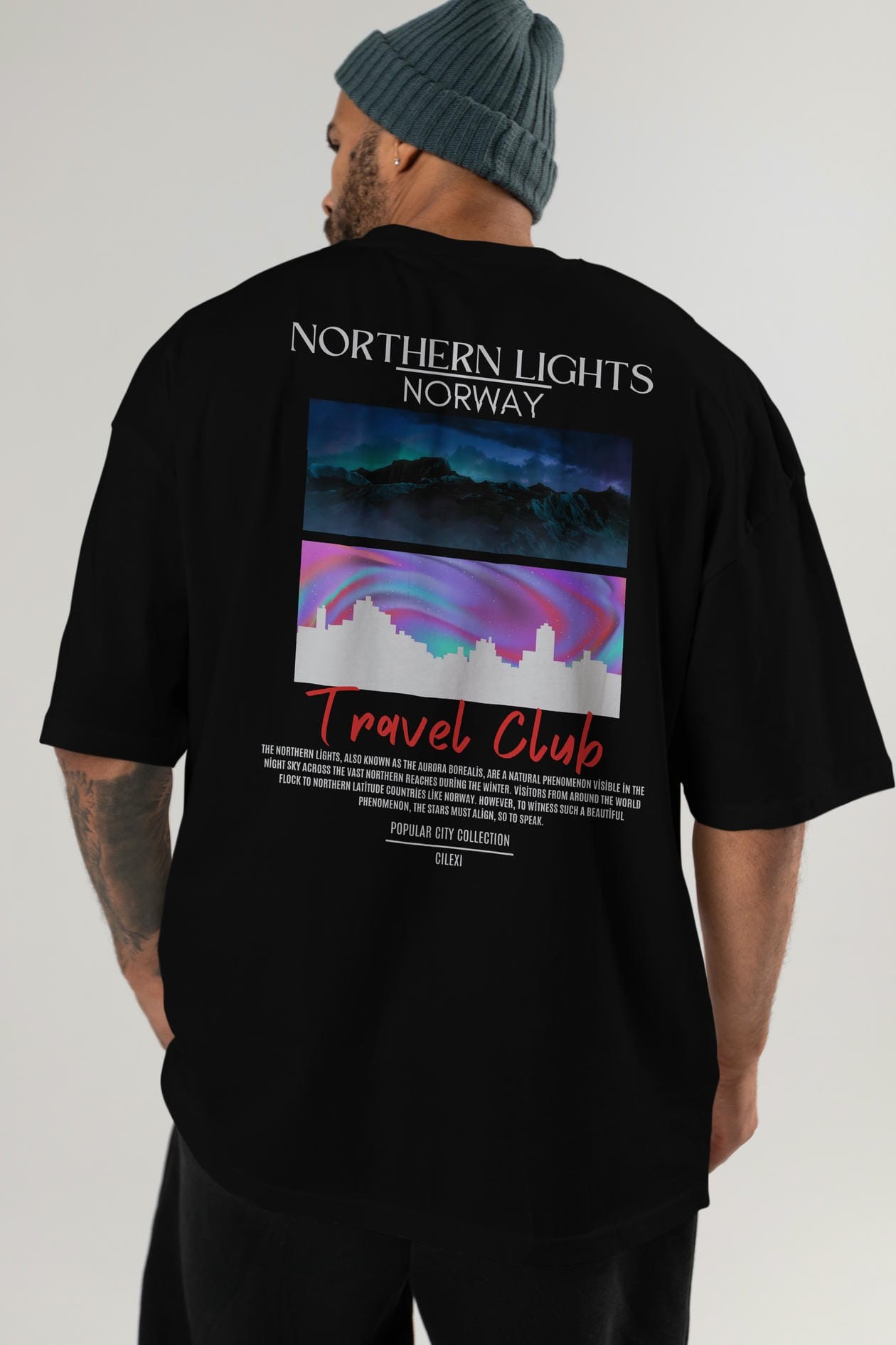 Northern Lights Norway Arka Baskılı Oversize t-shirt Erkek Kadın Pamuk Bisiklet Yaka tişort