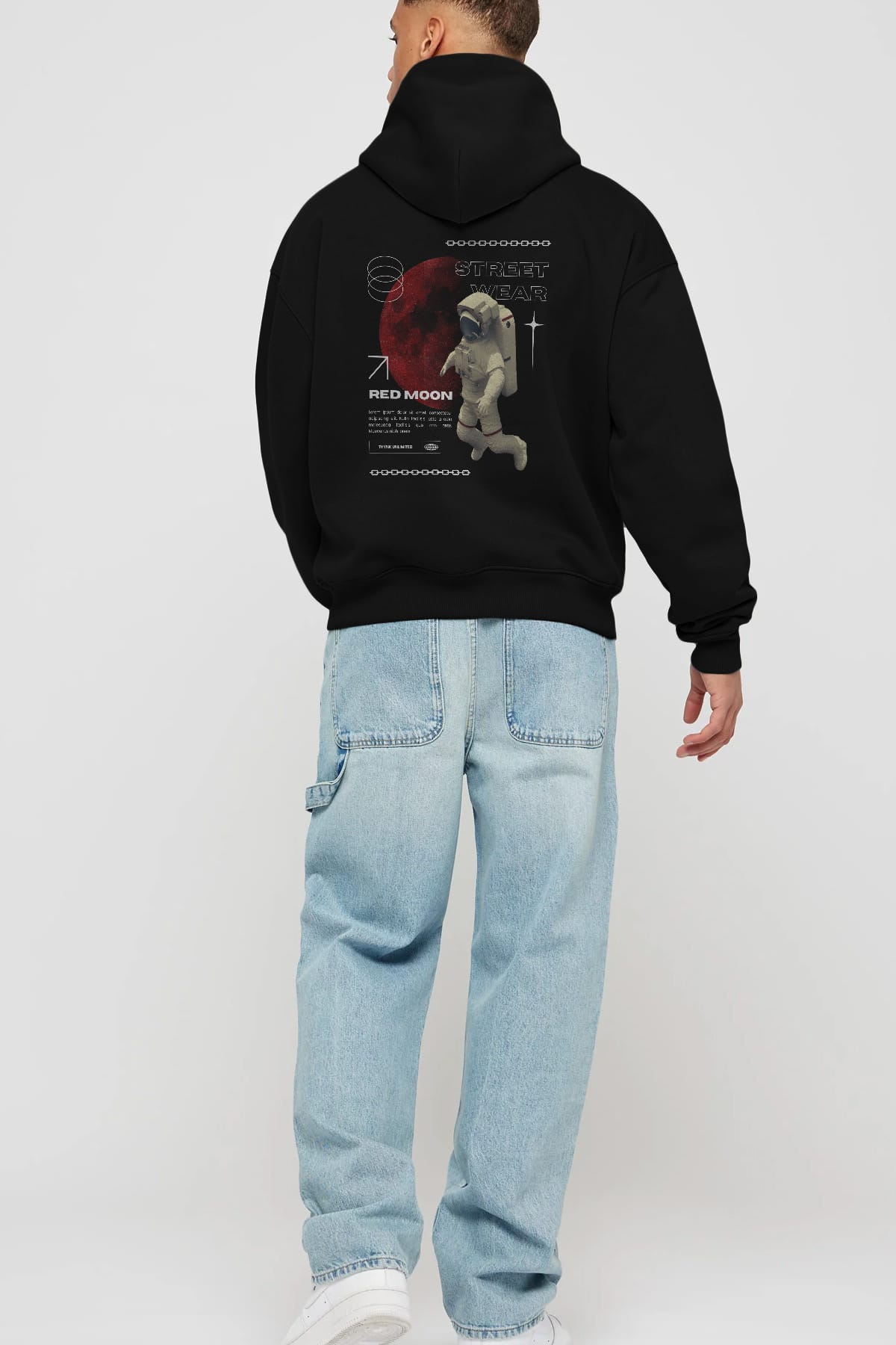 Red Moon Streetwear Arka Baskılı Oversize Hoodie Kapüşonlu Sweatshirt Erkek Kadın Unisex