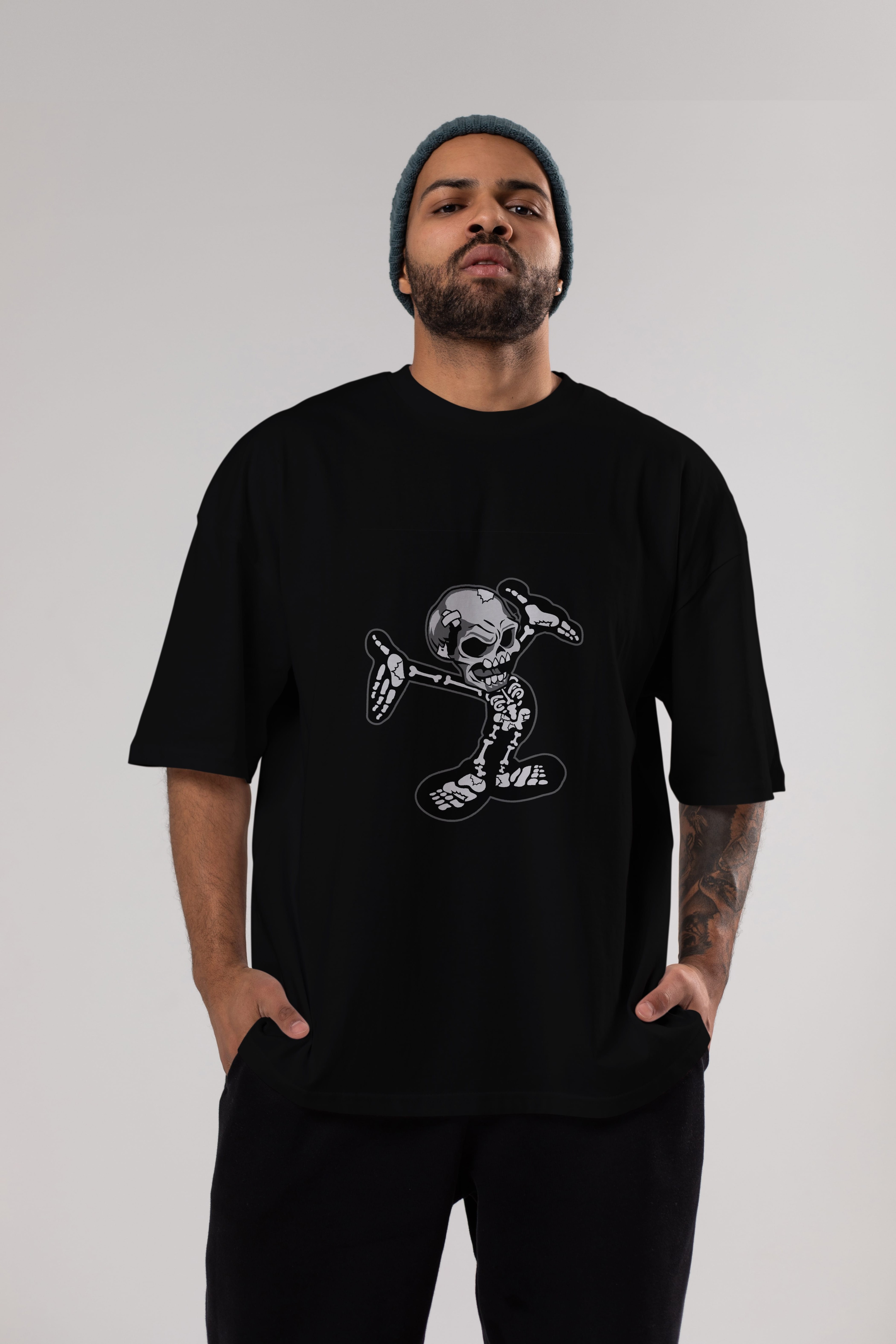 Skull Skeleton Ön Baskılı Oversize t-shirt Erkek Kadın Unisex %100 Pamuk tişort