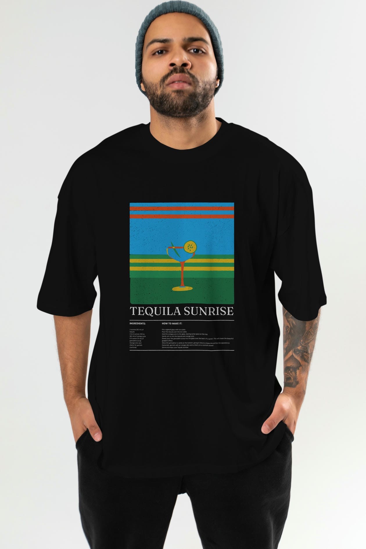 Tequila Sunrise Kokteyl Ön Baskılı Oversize t-shirt Erkek Kadın %100 Pamuk Bisiklet Yaka tişort