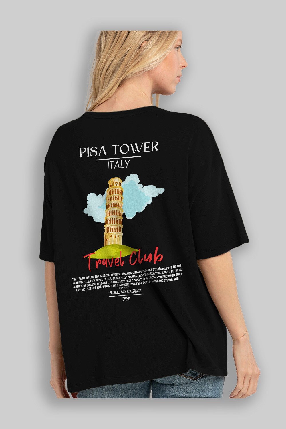 Pisa Tower İtaly Arka Baskılı Oversize t-shirt Erkek Kadın Pamuk Bisiklet Yaka tişort
