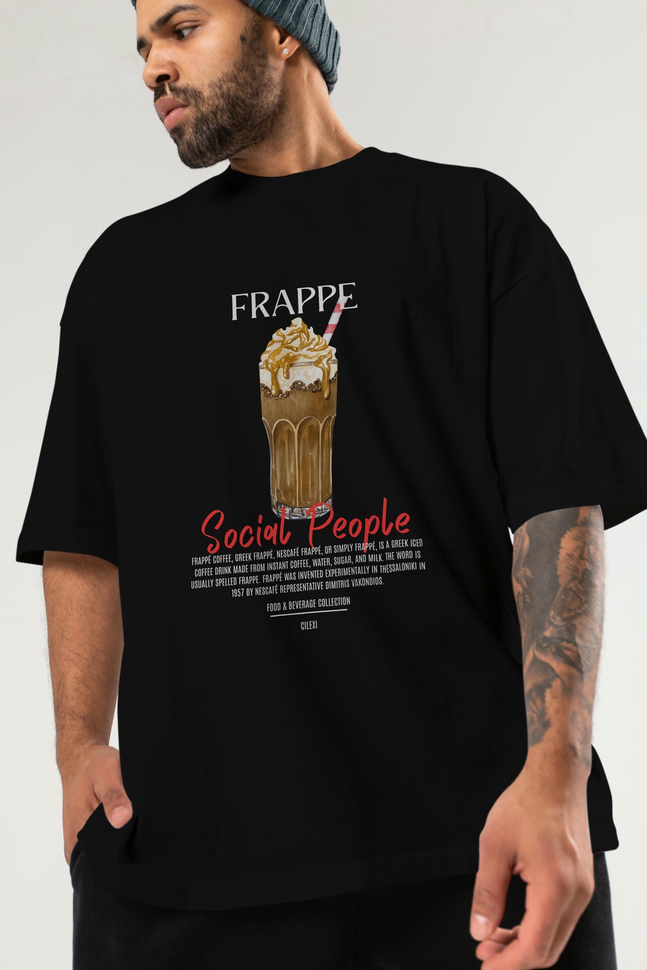 Frappe Kokteyl Serisi ön Baskılı Oversize t-shirt Erkek Kadın %100 Pamuk Bisiklet Yaka tişort
